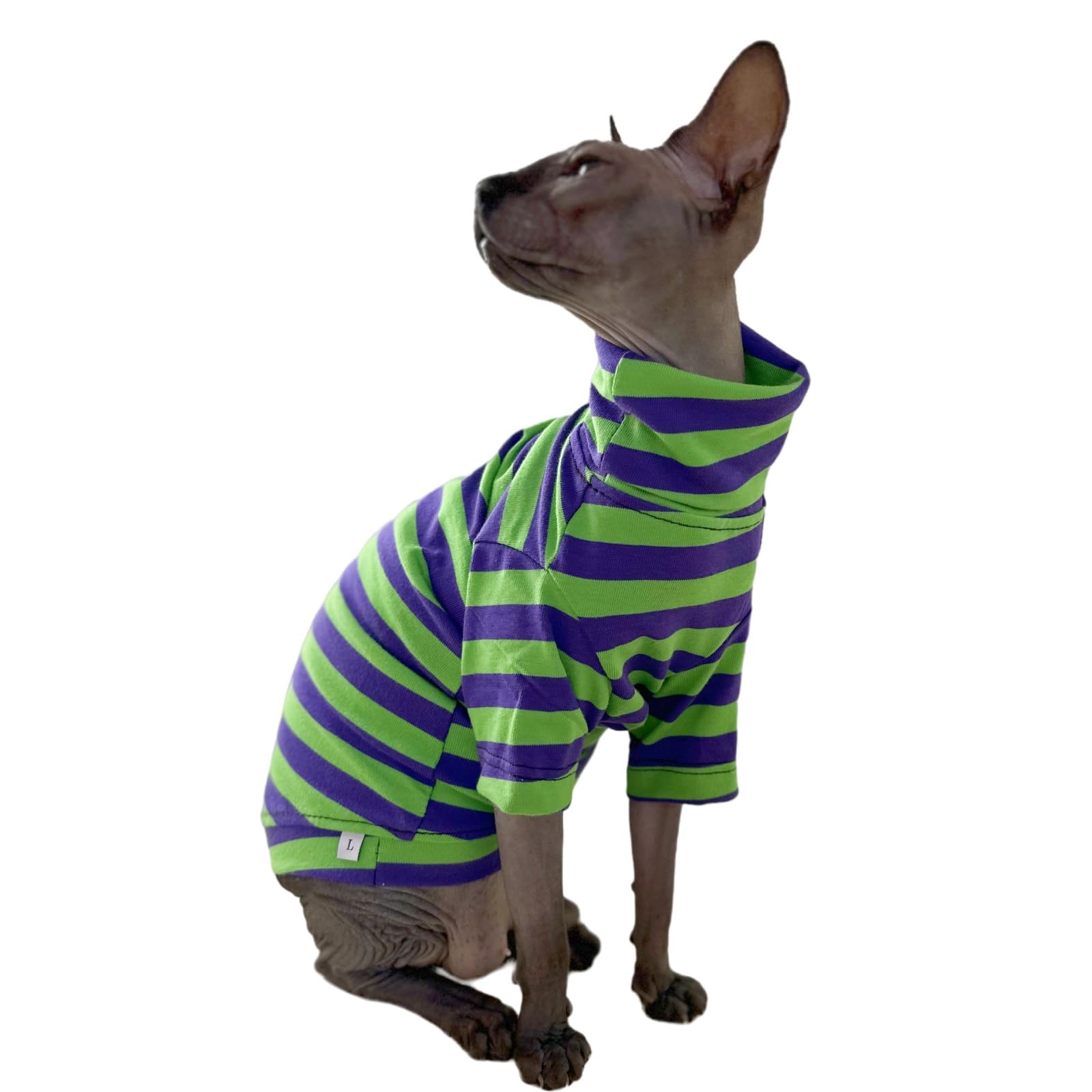 Vintage Stripes Sphynx Hairless Cats Shirt Cotton Cat Turtleneck Pet Clothes Kitten T-Shirts With Sleeves For Sphynx Cats (Eggpl