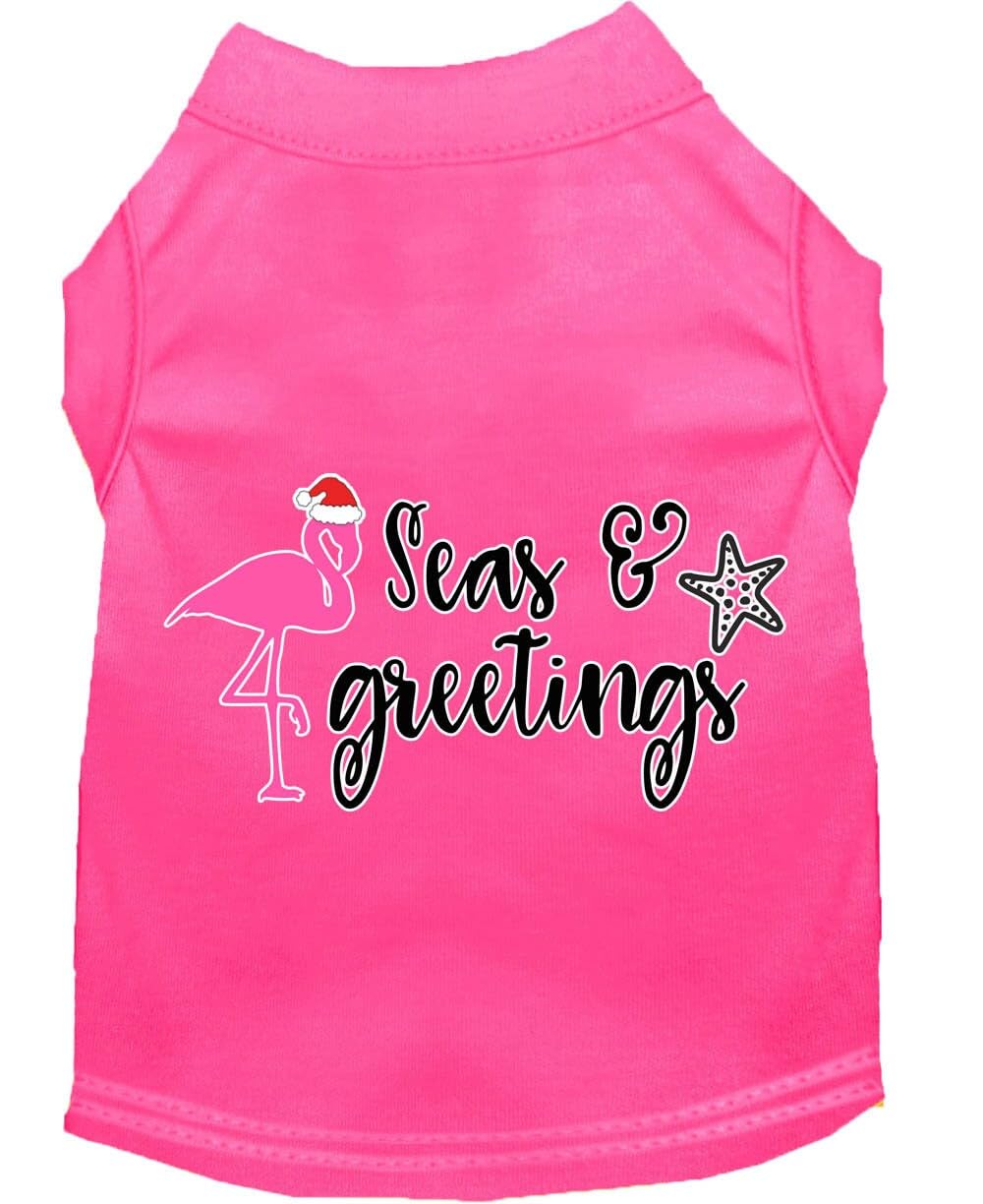 Christmas Pet Dog & Cat Shirt Screen Printed, &quot;Seas and Greetings&quot; Bright Pink SM (3-6 lbs.)