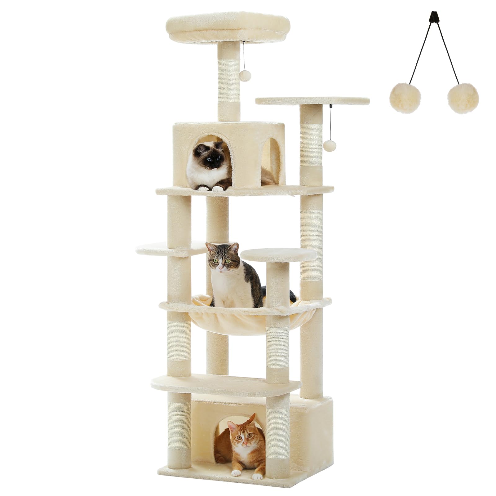 Uymi 64.5-Inch Cat Tree For Indoor Cats, Plush Multi-Level Cat Tower With 7 Scratching Posts, 2 Top Perches, 2 Cozy Condos, Larg