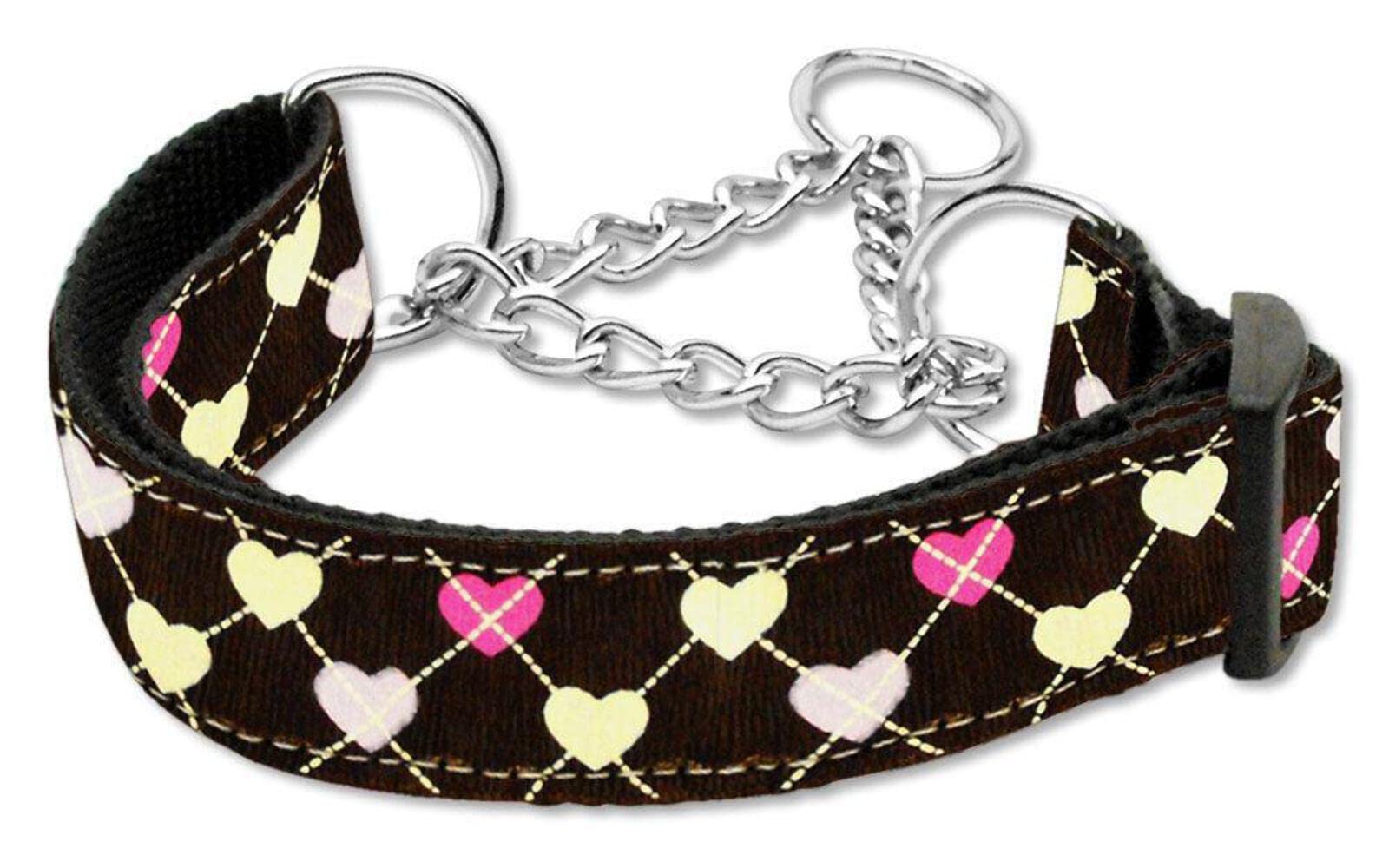 Mirage Pet Products Argyle Hearts Nylon Ribbon Martingale Collar for Pets, Medium, Bright Pink