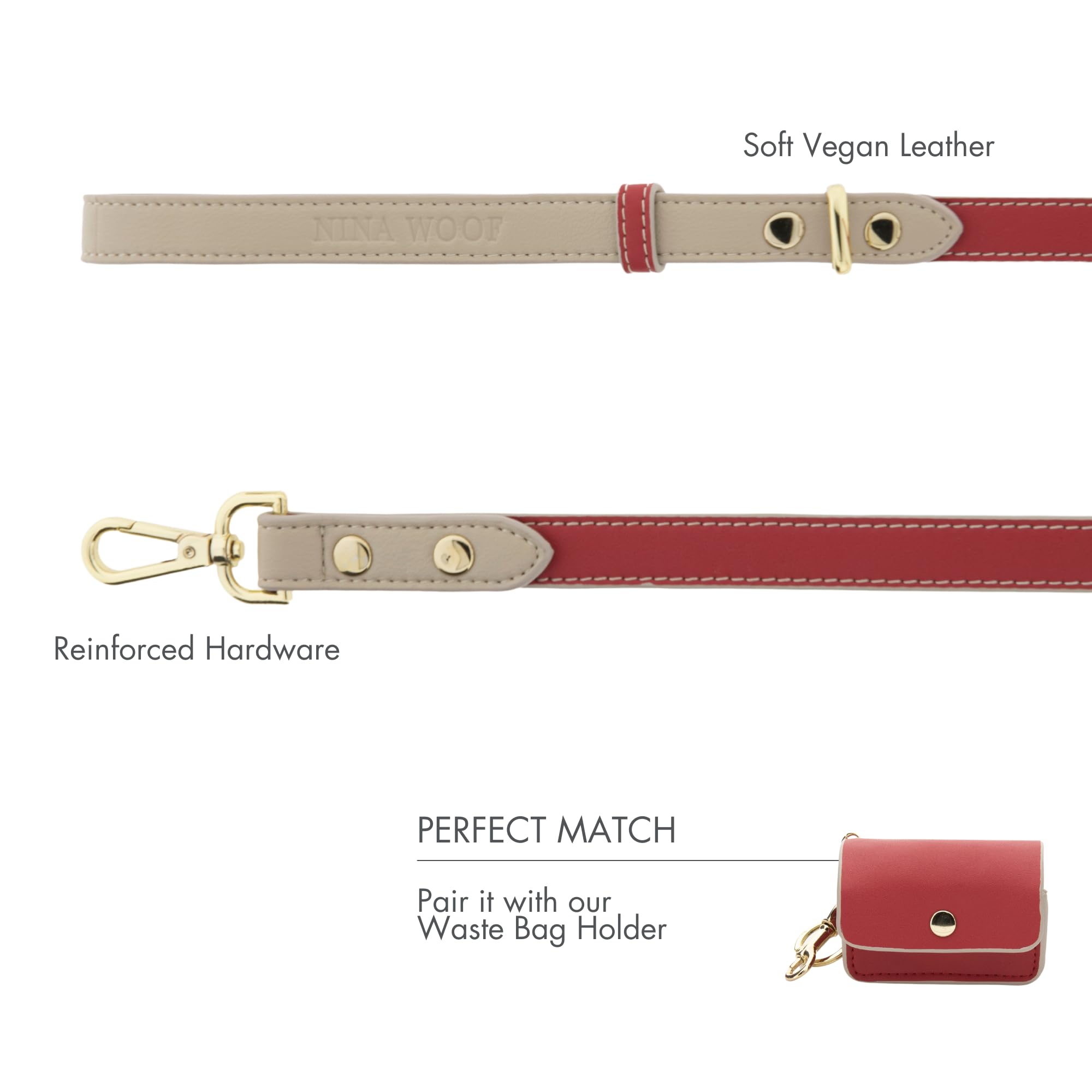 Nina Woof Vegan Leather Dog Lead - Padded Luxury Dog Leash - Large, Medium, Small - Red, 4Ft