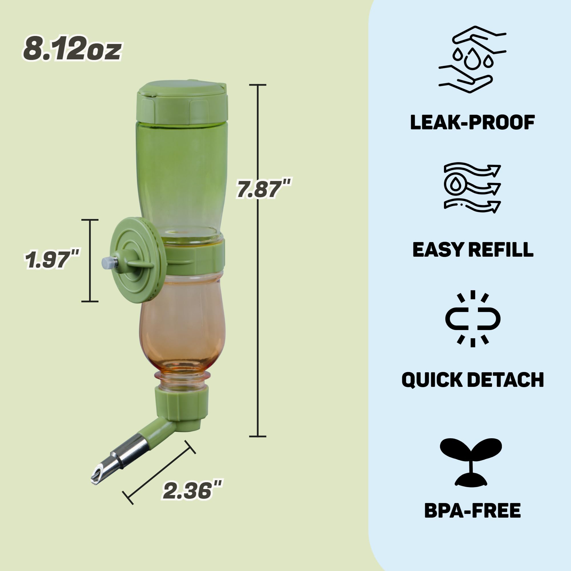 Leak-Proof Small Animal Water Bottle For Chinchillas, Birds, Hamsters, Guinea Pigs, Rabbits And Other Small Pets. (Green, 8.12Oz
