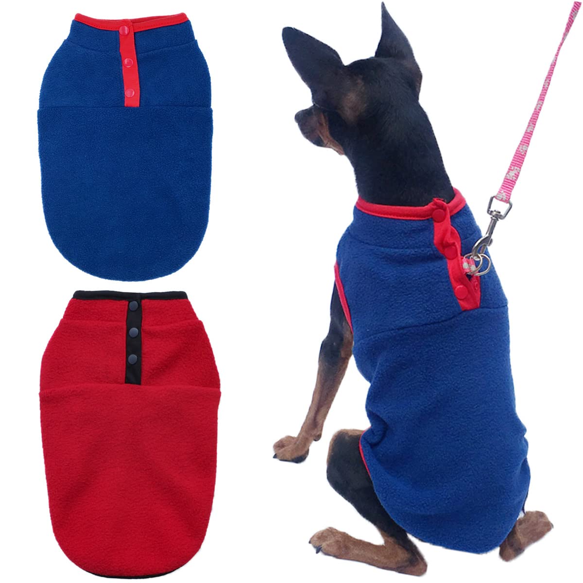 2 Pack Dog Fleece Vest Sweater, Warm Pullover Fleece Puppy Jacket, Autumn Winter Cold Weather Coat Clothes, Pet Stretch Fleece Apparel With Buttons For Small Medium Dog Cats (Red+Blue, X-Small)