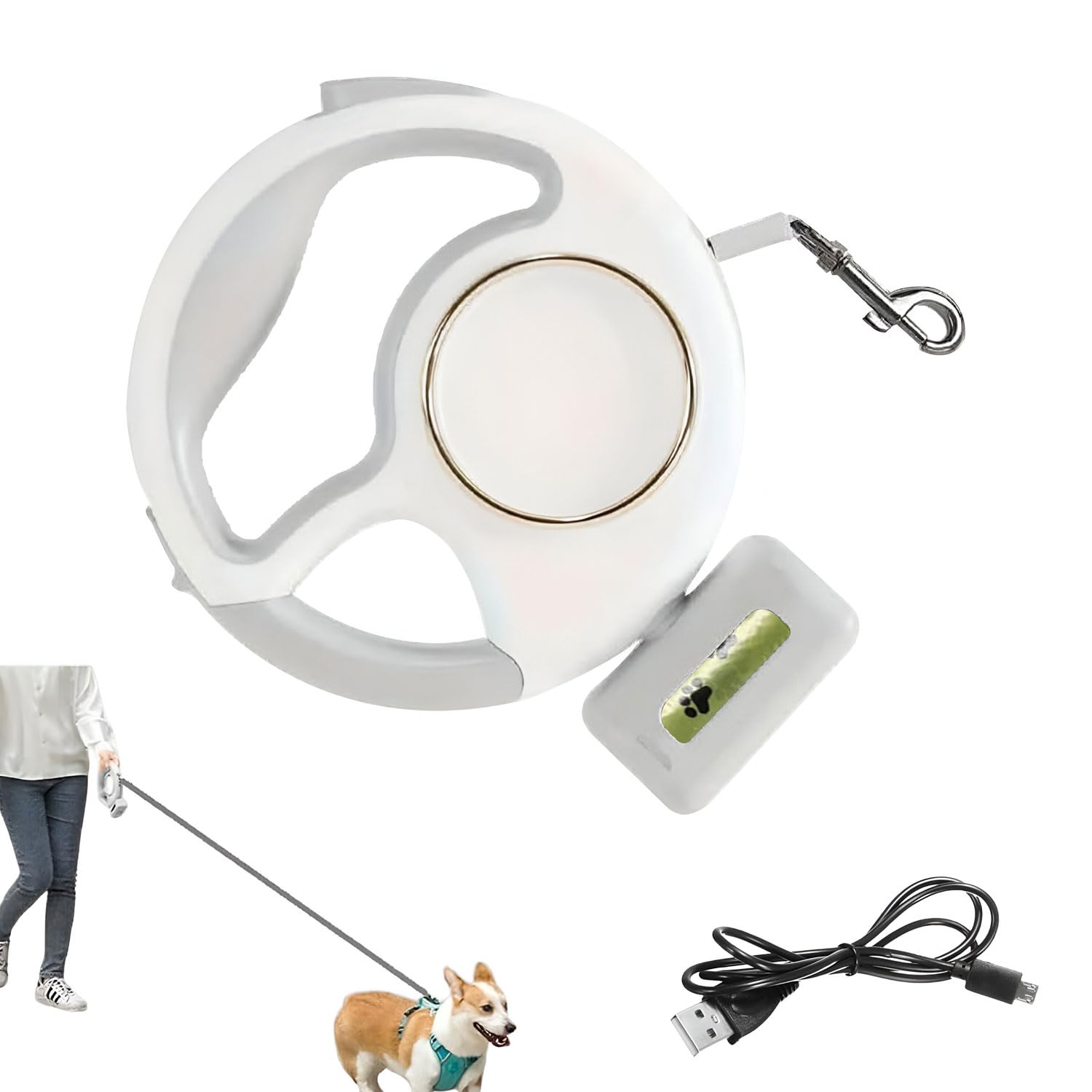 Retractable Dog Leash 10Ft/3M - Rechargeable Pet Leash With Led Flashlight One-Handed Brake Ring Buckle Locker & Poop Bag Dispen