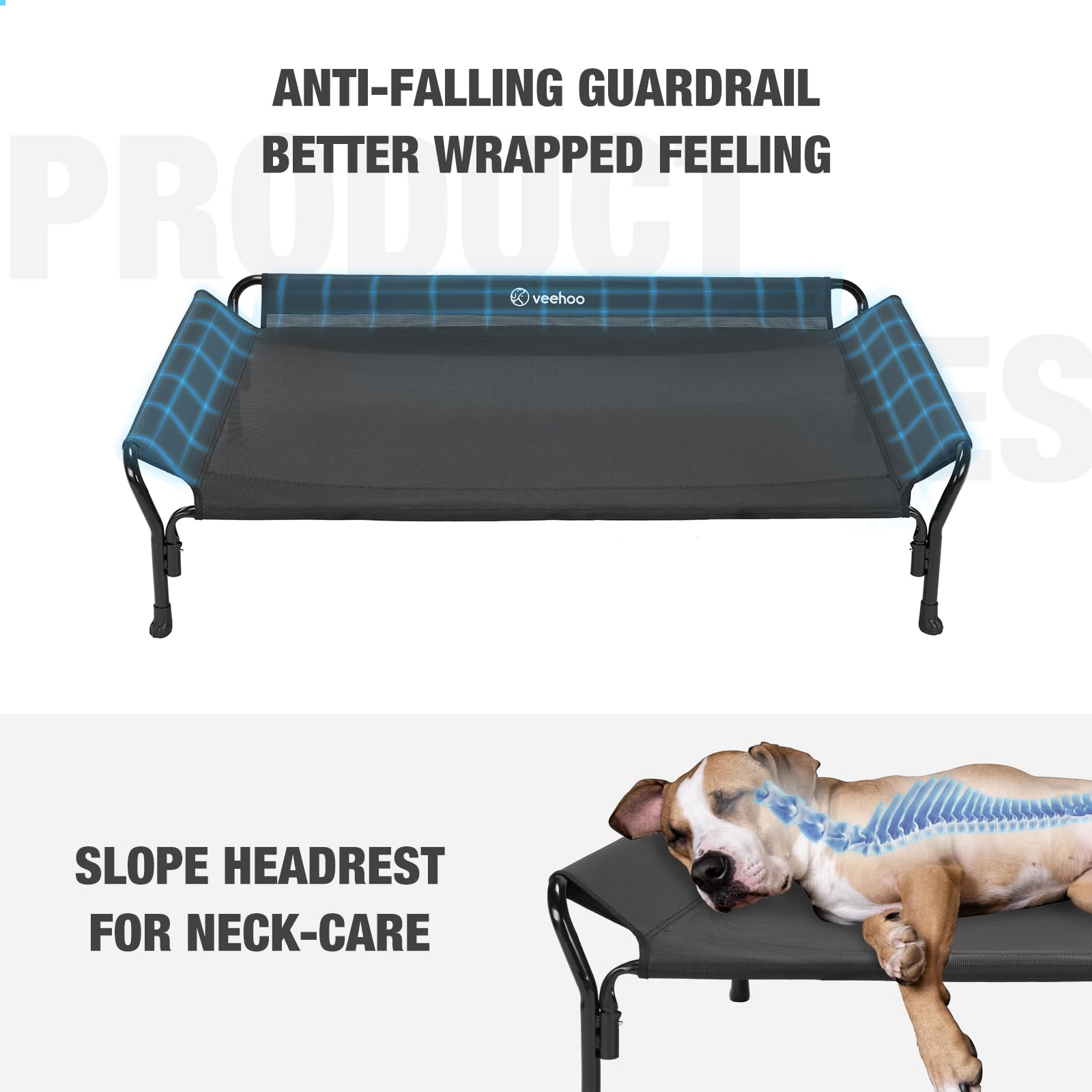 Veehoo Cooling Elevated Dog Bed, Xl Raised Pet Cot With Guardrail & Slope Headrest, Durable Breathable Teslin Mesh, Non-Slip Fee