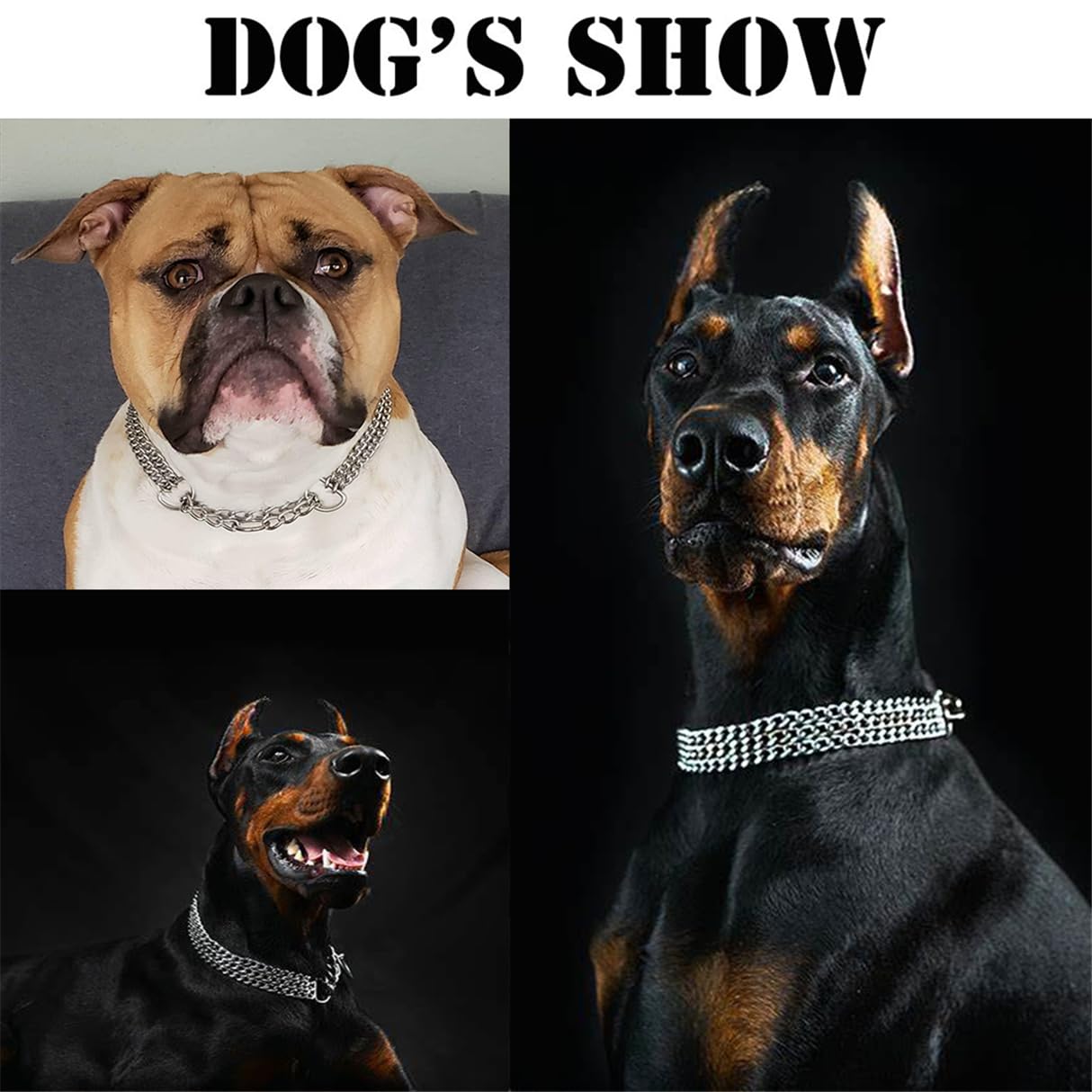 Heavy Duty Dog Choker Chain Collar, Silver Double Row Martingale Chain Dog Collars, Chew Proof Metal Cuban Link Dog Collars Adju