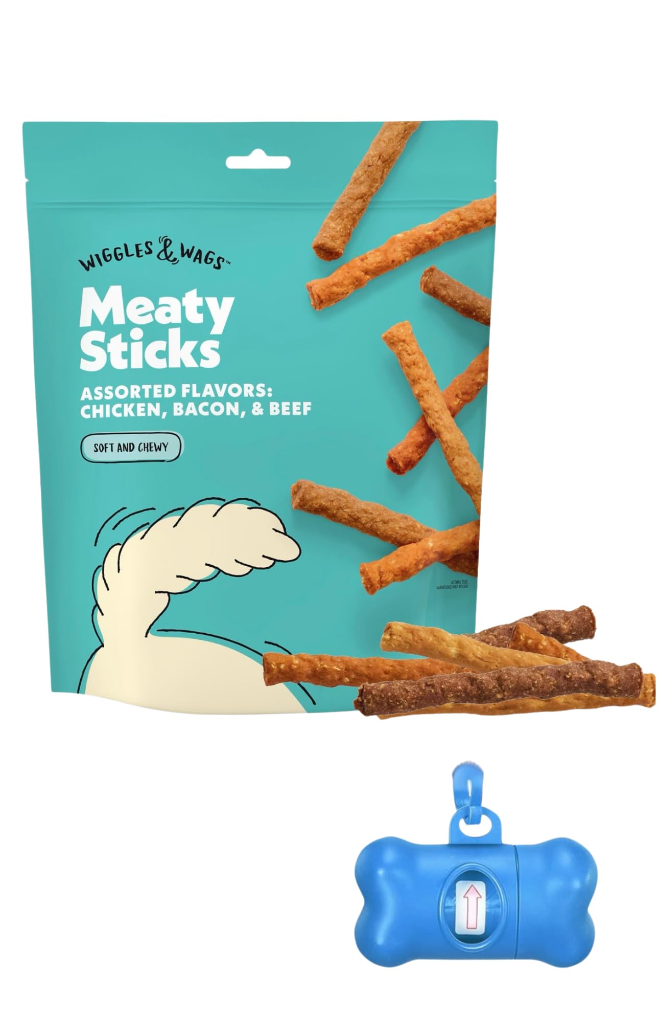 Wiggles & Wags Meaty Sticks Dog Treats, Chicken Bacon Beef Flavors, 16 oz with DN Essentials Bone Shaped Waste Bag Dispenser & R