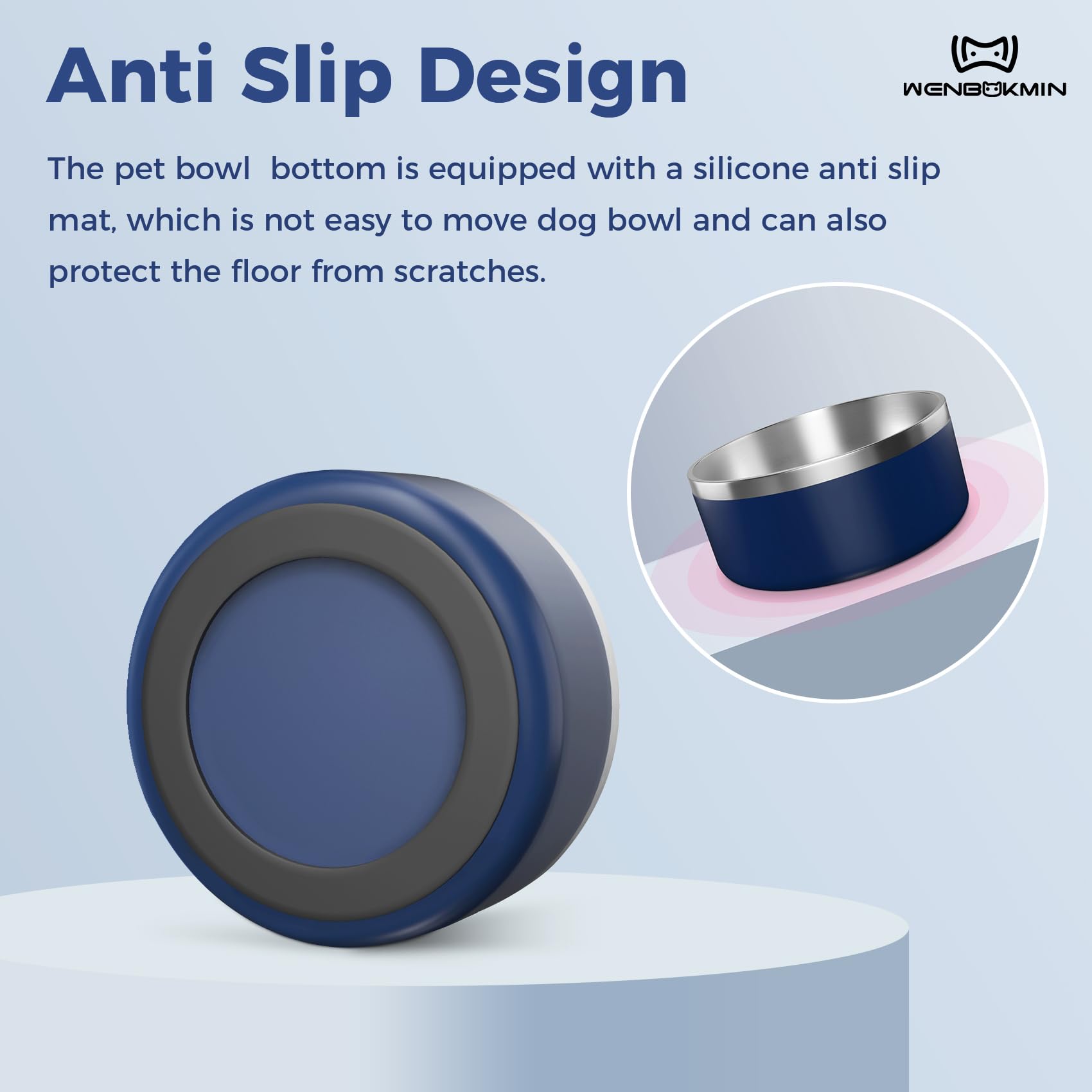 WENBOKMIN Dog Bowl, Stainless Steel Dog Food and Water Bowl with Non Slip Quiet Bottom, Easy to Clean, Dishwasher Safe, 64oz, Bl