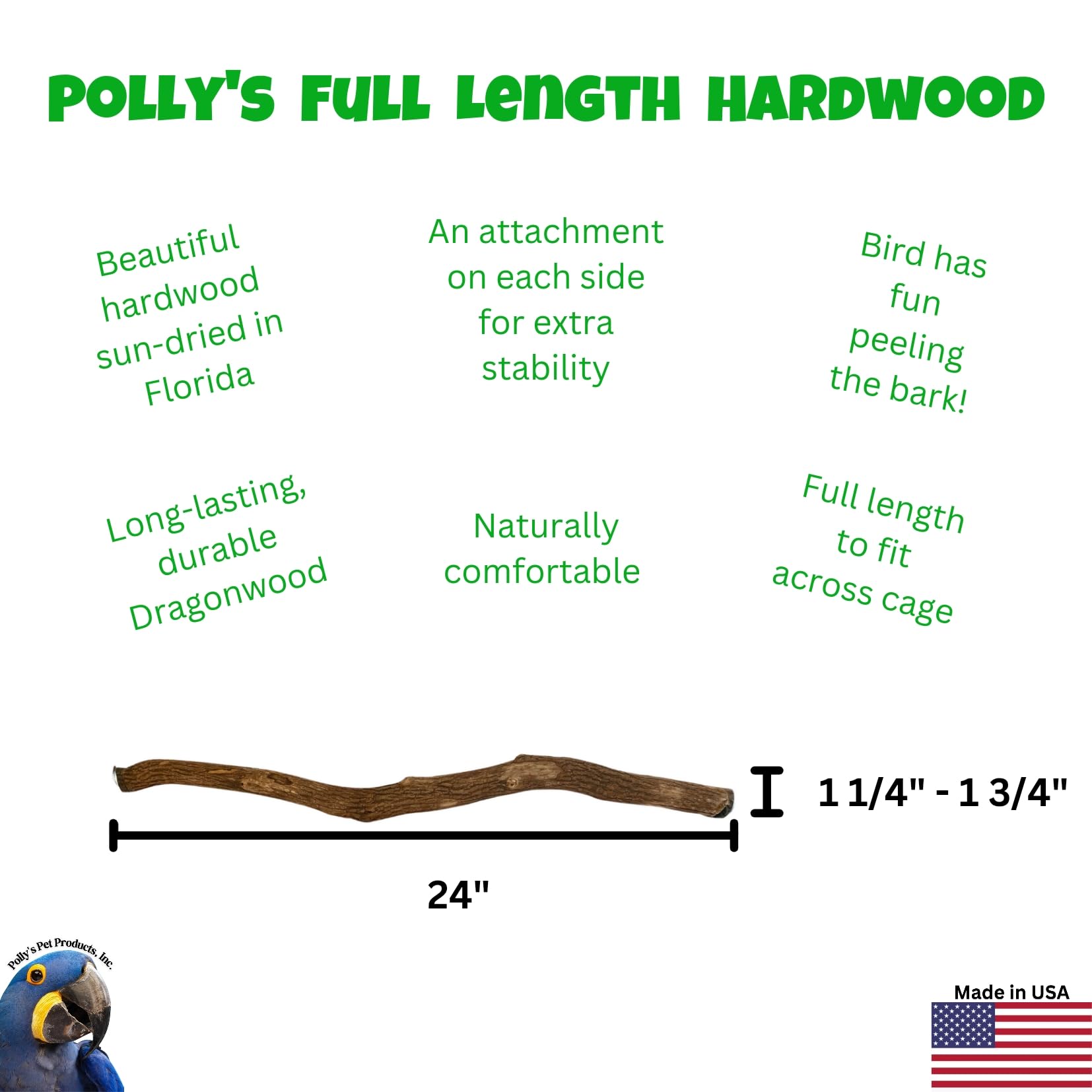 Polly'S Full Length Hardwood Bird Perch, 24-Inch, (26' Including Hardware), Brown (50800)