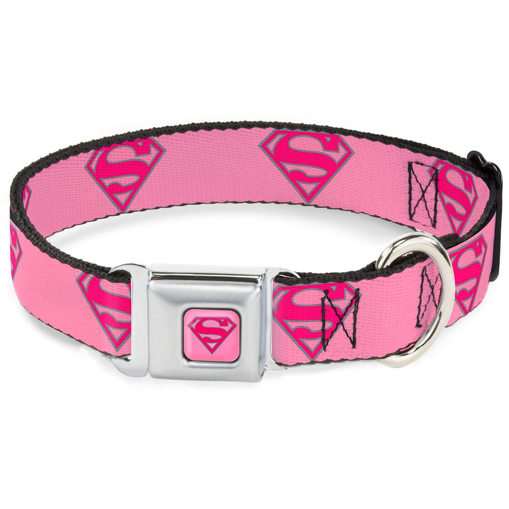 Buckle-Down Seatbelt Buckle Dog Collar - Superman Shield Pink - 1.5' Wide - Fits 18-32' Neck - Large