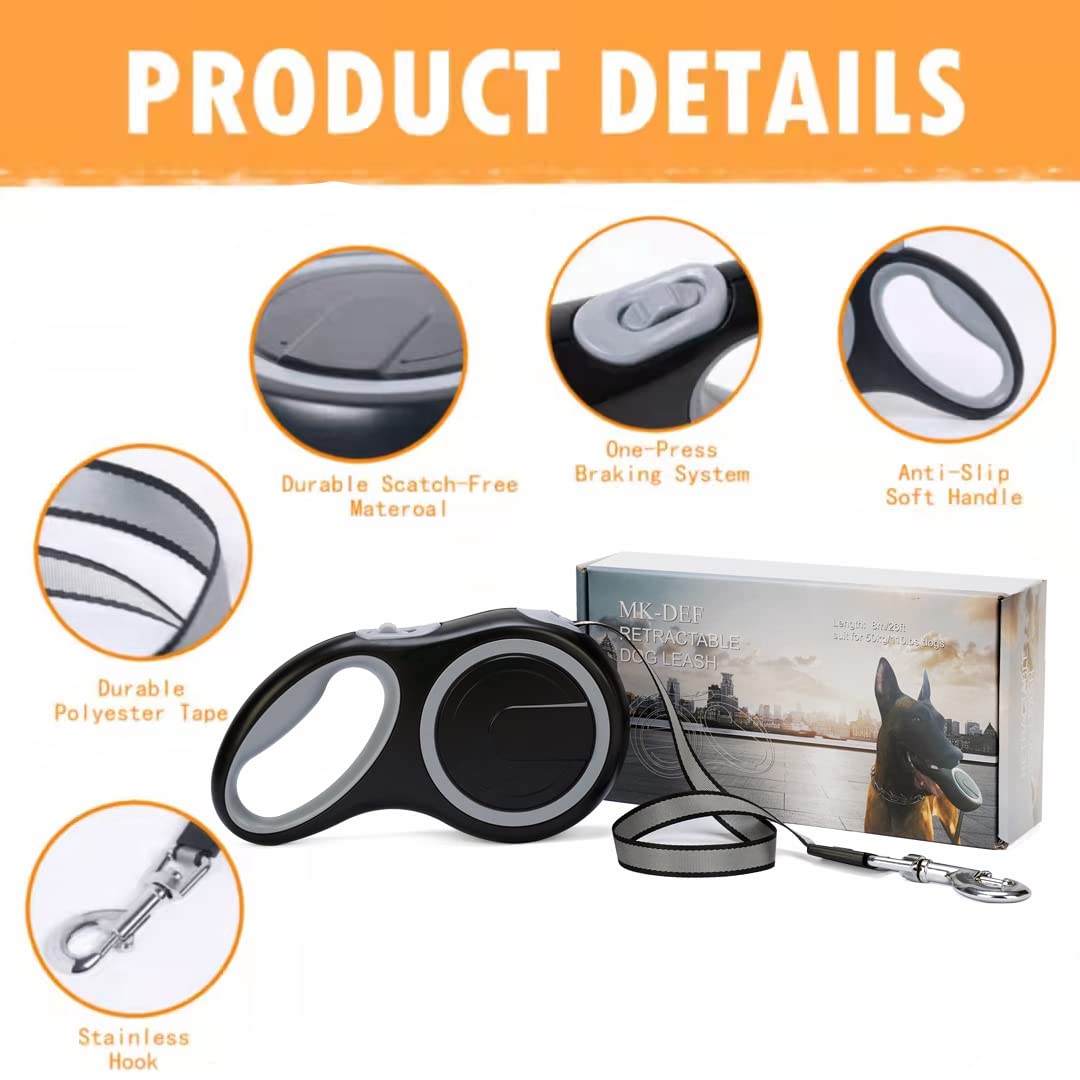 26Ft Retractable Dog Leash, Heavy Duty Great Leash For Dog Up To 110 Lbs, Anti-Slip Rubberized Handle, One-Handed Brake, Strong