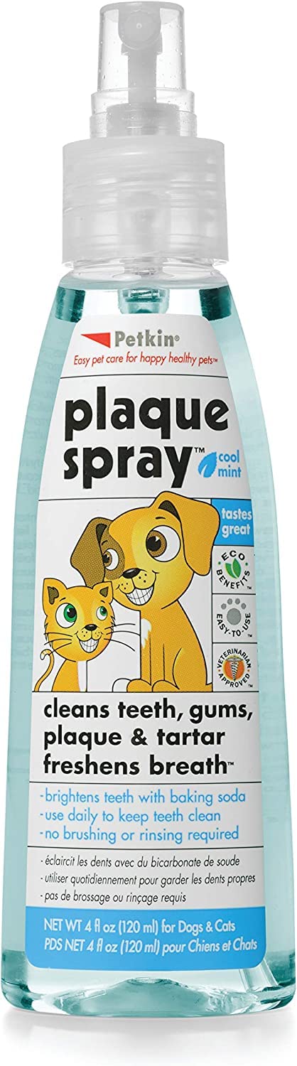 Petkin Plaque Spray, Cool Mint, 4 Fl Oz – Cleans Teeth & Gums, Removes Plaque & Tartar, Freshens Breath & Whitens Teeth With Baking Soda - Ideal Cat & Dog Dental Spray With No Brushing Or Rinsing
