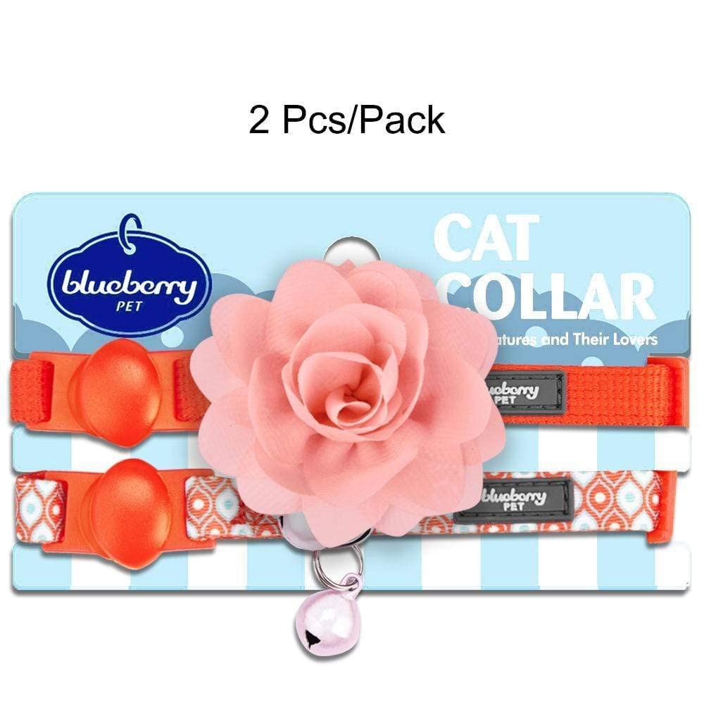 Blueberry Pet Pack Of 2 Cat Collars, The Flower Power Perfect Orange Adjustable Breakaway Cat Collar With Bell & Detachable Flow