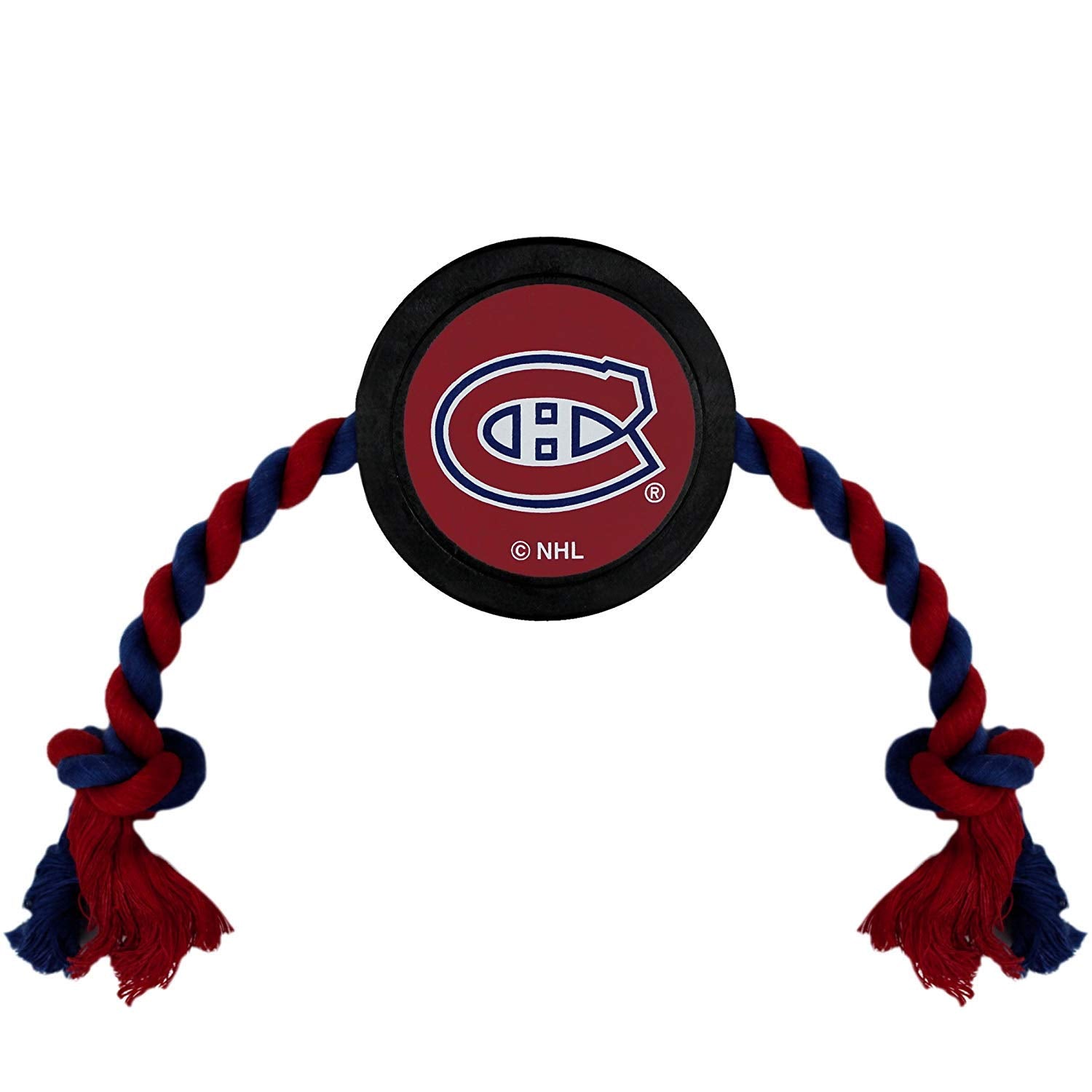 Pets First Dog Rubber Toy with Heavy-Duty Rope Tug. NHL Montreal Canadiens Puck Toy for Dogs & Cats. Play Hockey with Your Pet!