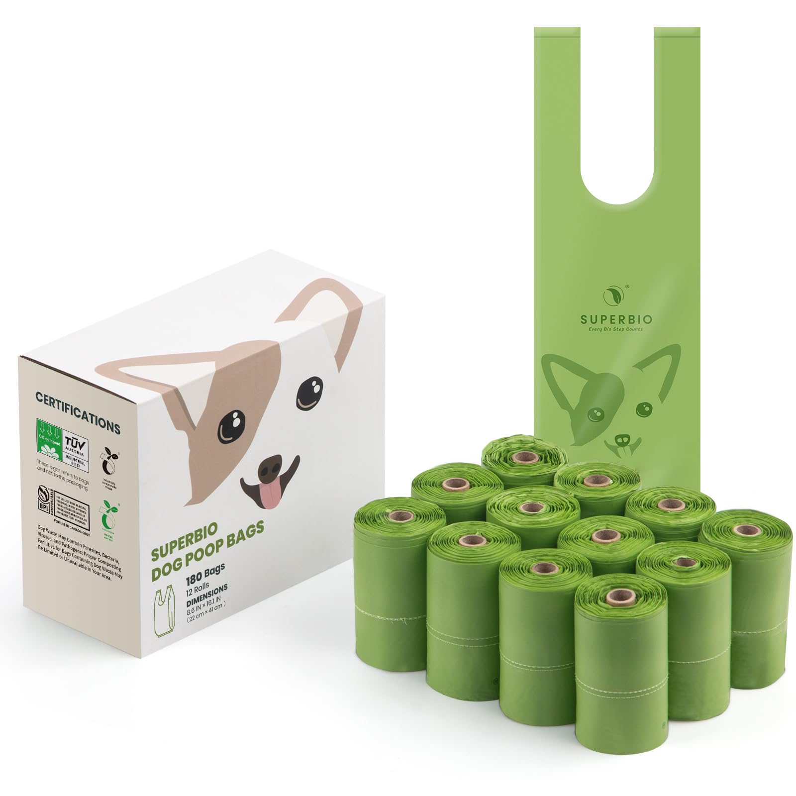 SUPERBIO Extra Thick Dog Poop Bags, 180 Count, Green, Compostable, Strong & Durable - 12 Rolls of Eco-Friendly Waste Bags