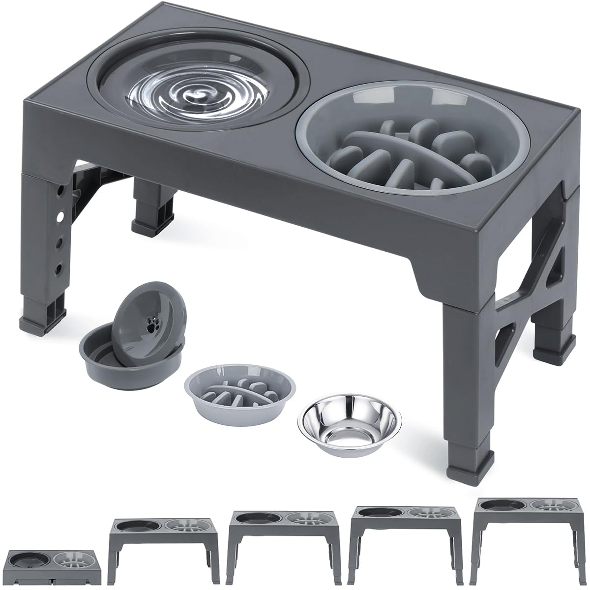 Henfit Elevated Dog & Cat Bowls - 5 Height Adjustable, Slow Feeder & Non-Slip, Deep Grey