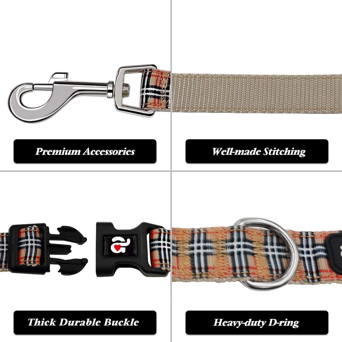 Azuza Dog Collar And Leash Set, Classic Plaid Dog Collar With Matching Leash For Small Dogs, Great For Christmas, New Year, Fest