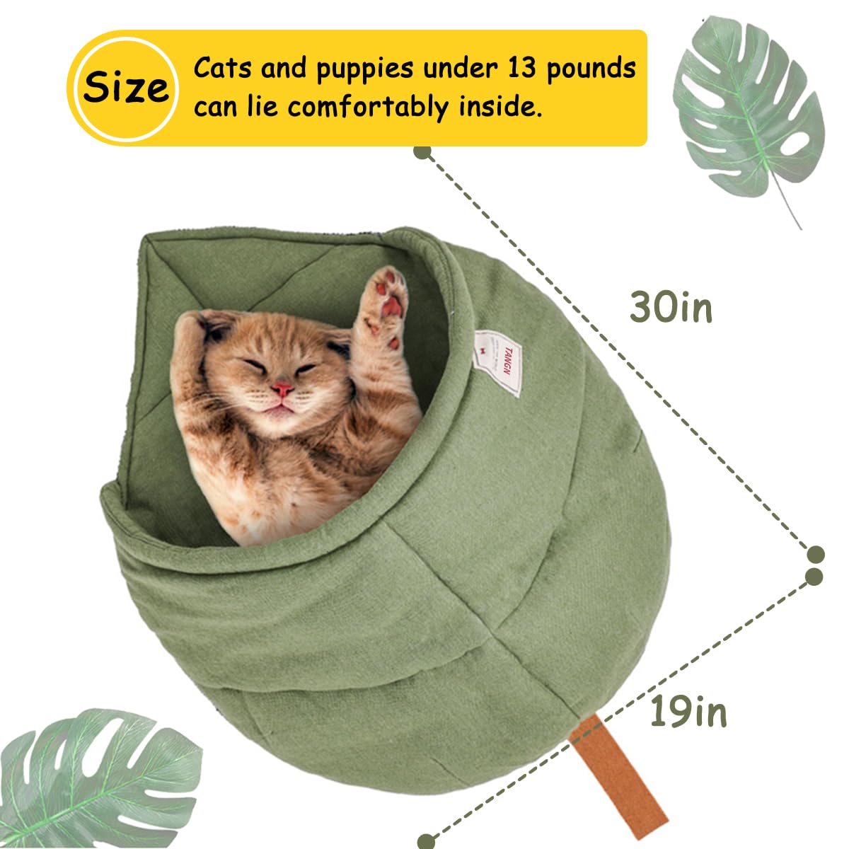 TANGN Cat Sleeping Bag,Linen Fabric Cat Bed Cave Leaf Nest Pet Cuddle Zone Covered Hide Hood Burrowing Cozy Soft Durable Washabl