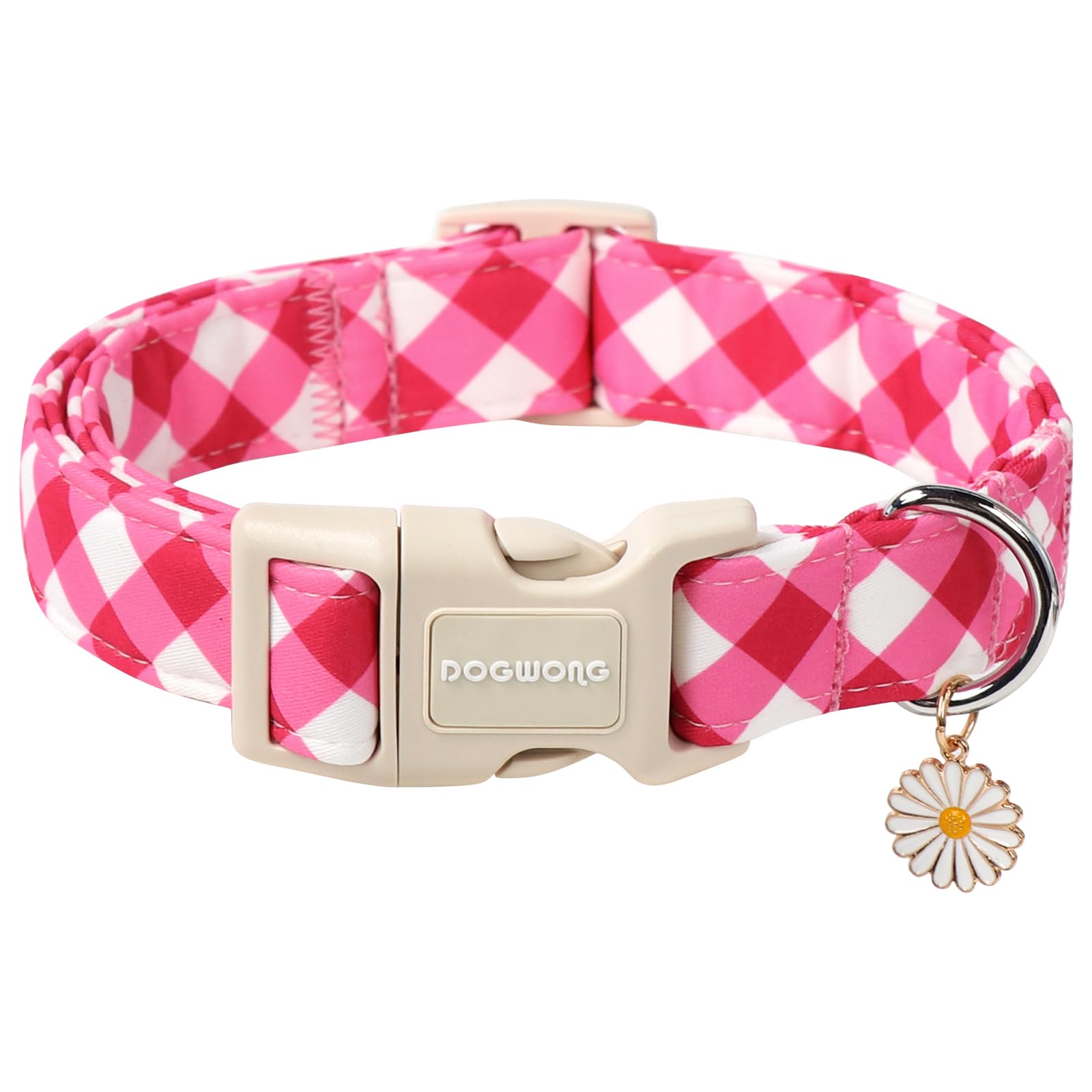 Dogwong Pink Plaid Dog Collar, Pink Dog Collar Adjustable Soft Natural Fabric Girl Pet Dog Collars Cute Puppy Necklace For Small