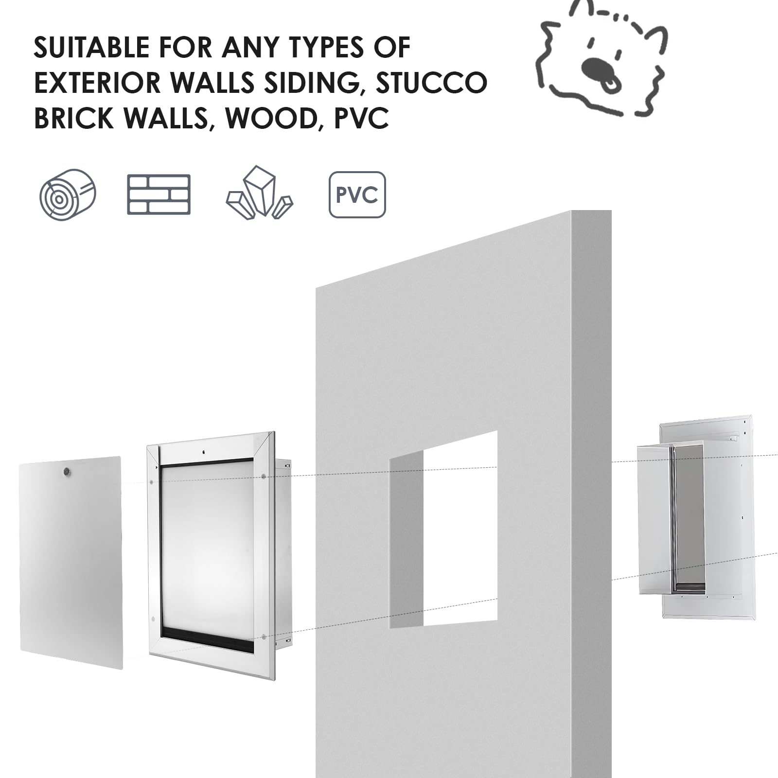 Cowiewie Dog Door For Wall With All-Metal Frame And Telescoping Tunnel, Silicone Flap For Extreme Weather - Medium Size For Pets