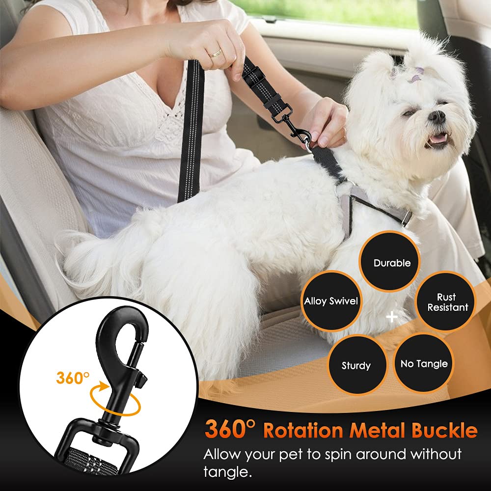 Slowton Dog Seat Belt, Adjustable Dog Safety Belt Leash, 2 In 1 Latch Bar Attachment Dog Car Seatbelt With Elastic Nylon Bungee Buffer, Reflective Nylon Belt Tether Connect To Dog Harness (2Black)