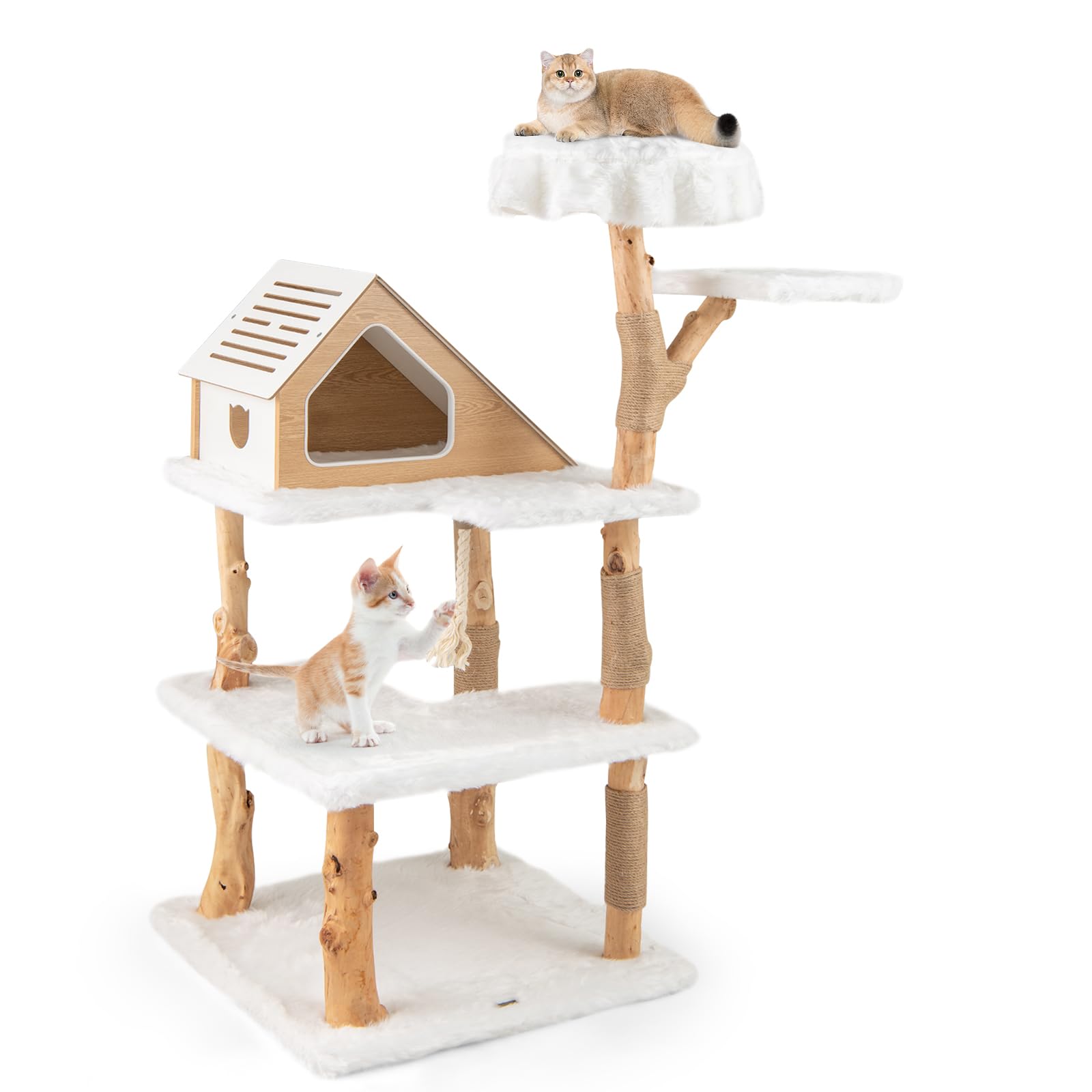 Tangkula Solid Wood Cat Tree, Modern Wooden Cat Tower With Jute Scratching Posts, 2 Perches, Condo, Sisal Rope, Soft Long Plush,