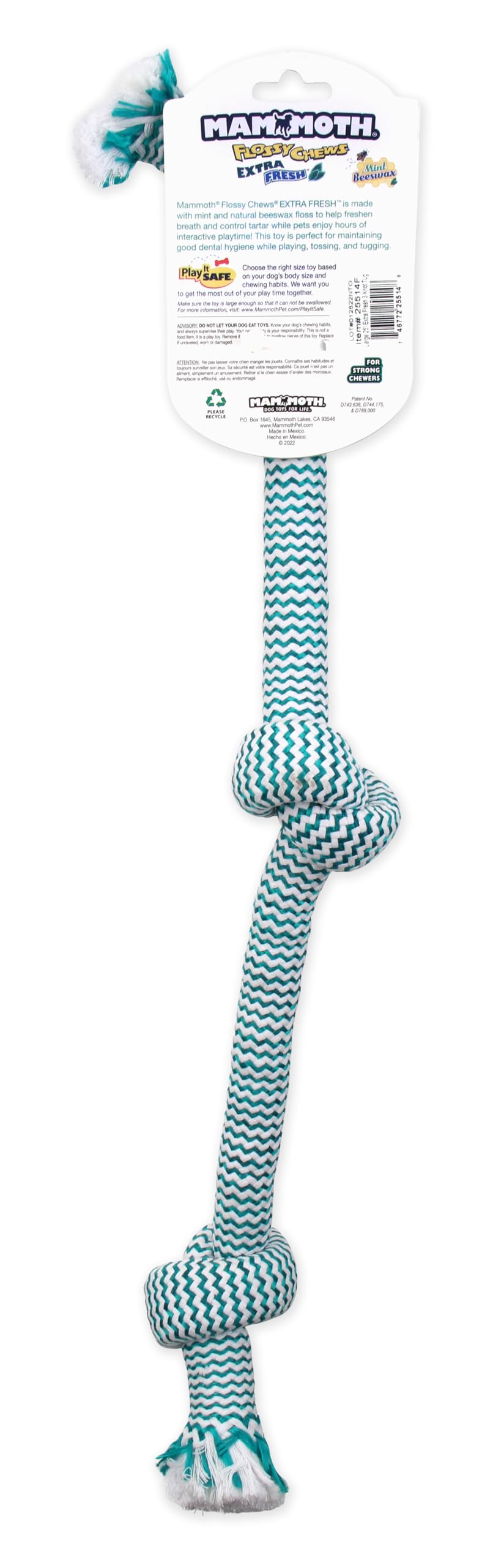 Mammoth Flossy Chews Extra Fresh Rope Tug – Premium Cotton-Poly Yarn With Floss Tug Toy For Dogs – Interactive Dog Rope Toy – Tug Dog Chew Toy For Medium To Large Dogs - Large, 25”
