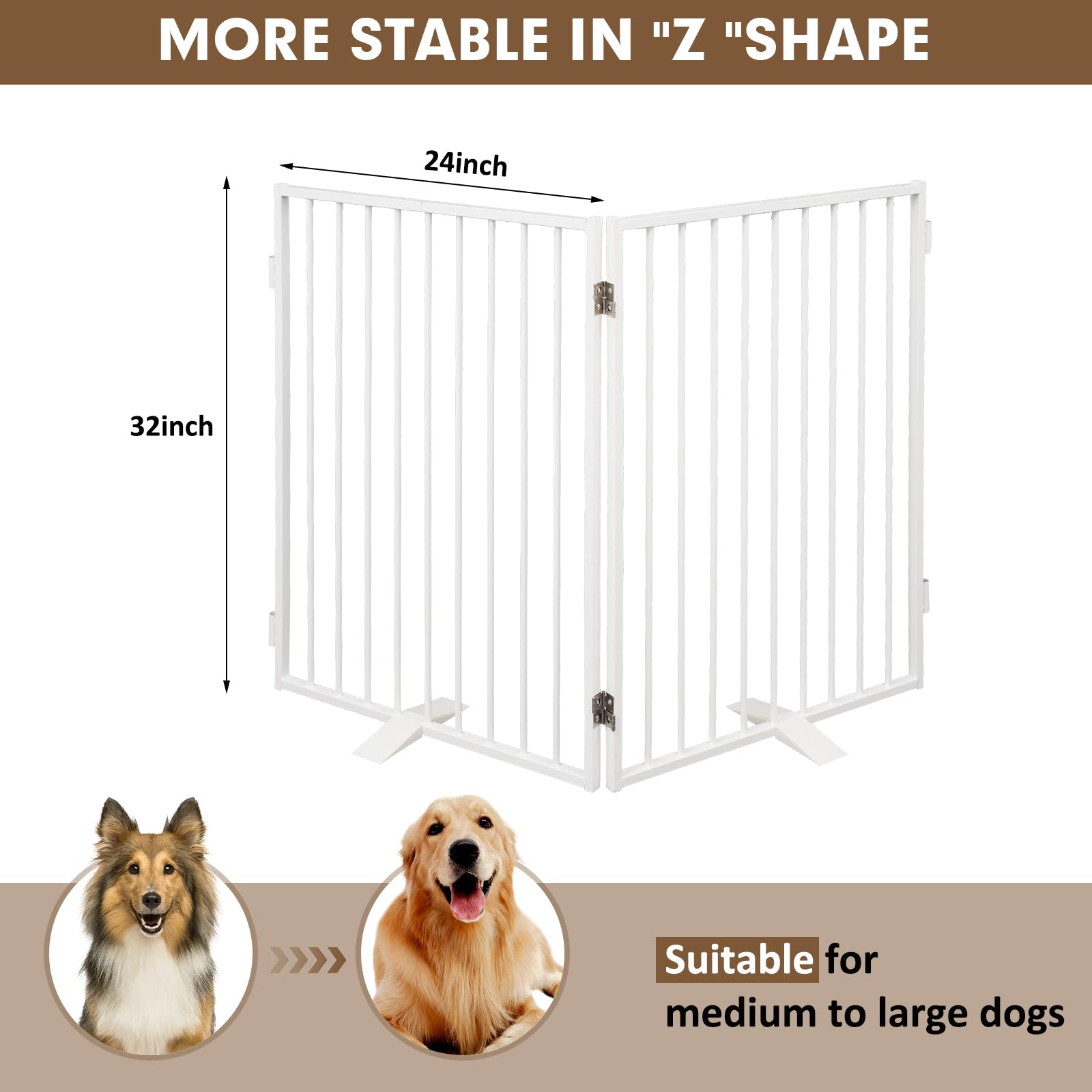 Metal Freestanding Dog Gates,Extra Wide 24'', 32'' Height Foldable Dog Fence For Indoor & Outdoor, Heavy Duty Freestanding Pet B