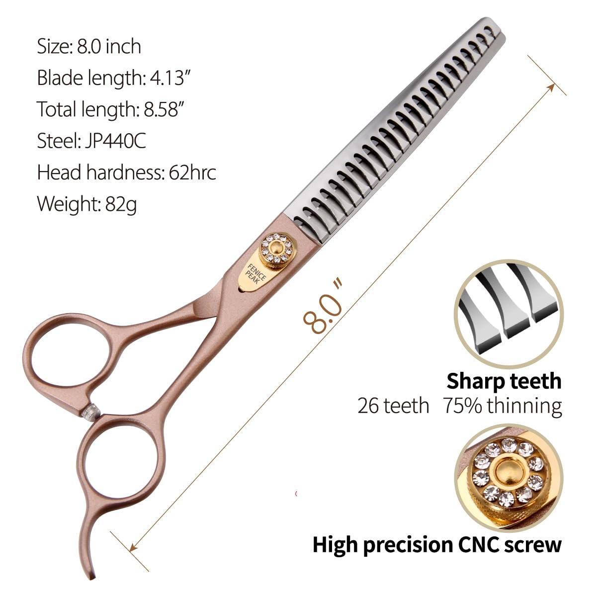 Fenice Peak Thinning Shears For Dogs And Cats Rose Gold Pet Grooming Scissors Chunkers Shears 440C Stainless Steel Professional