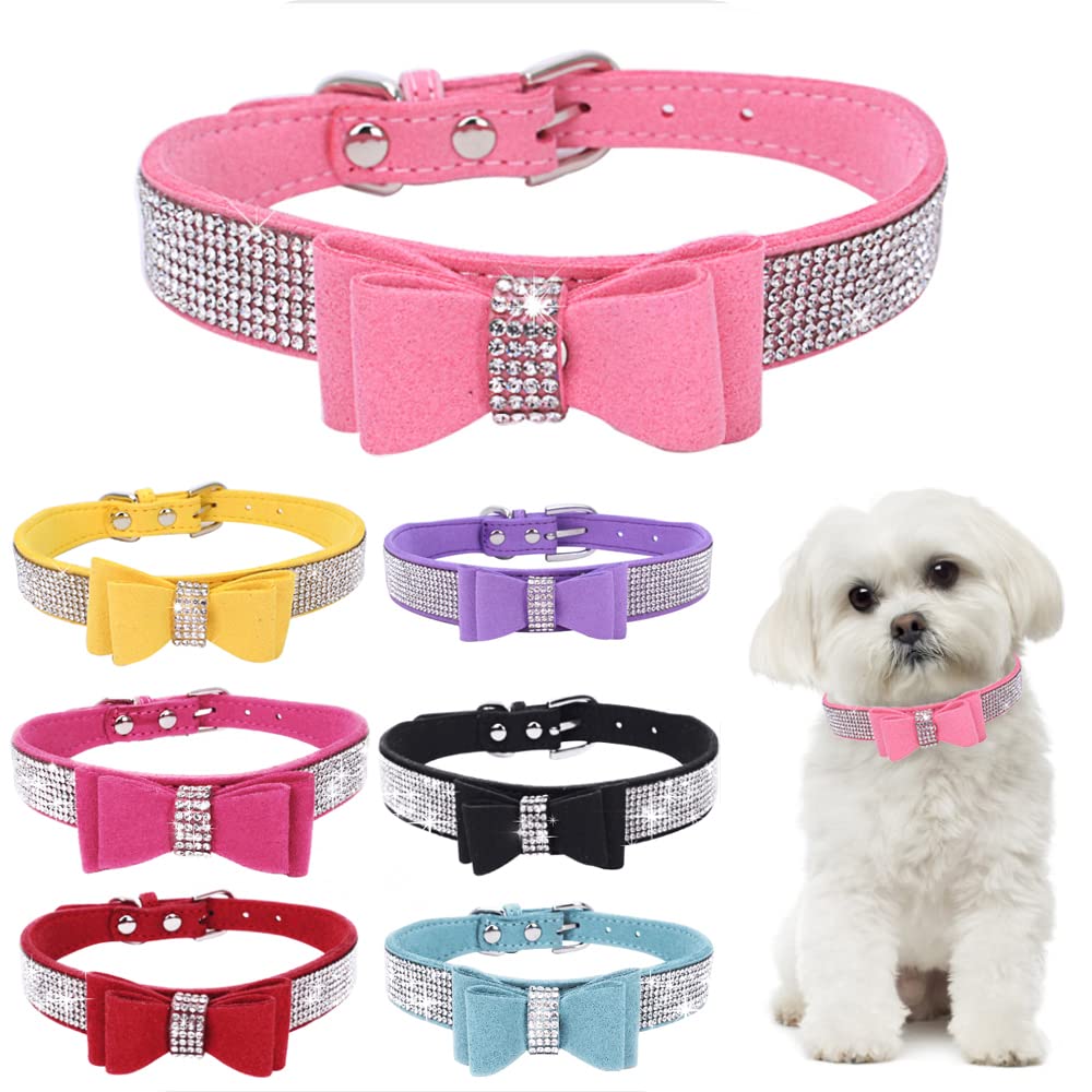 Small Dog Collar Puppy With Rhinestone Bow Knot Crystal Diamond Colorful Bling Girl Puppy Cat Collars Pink S