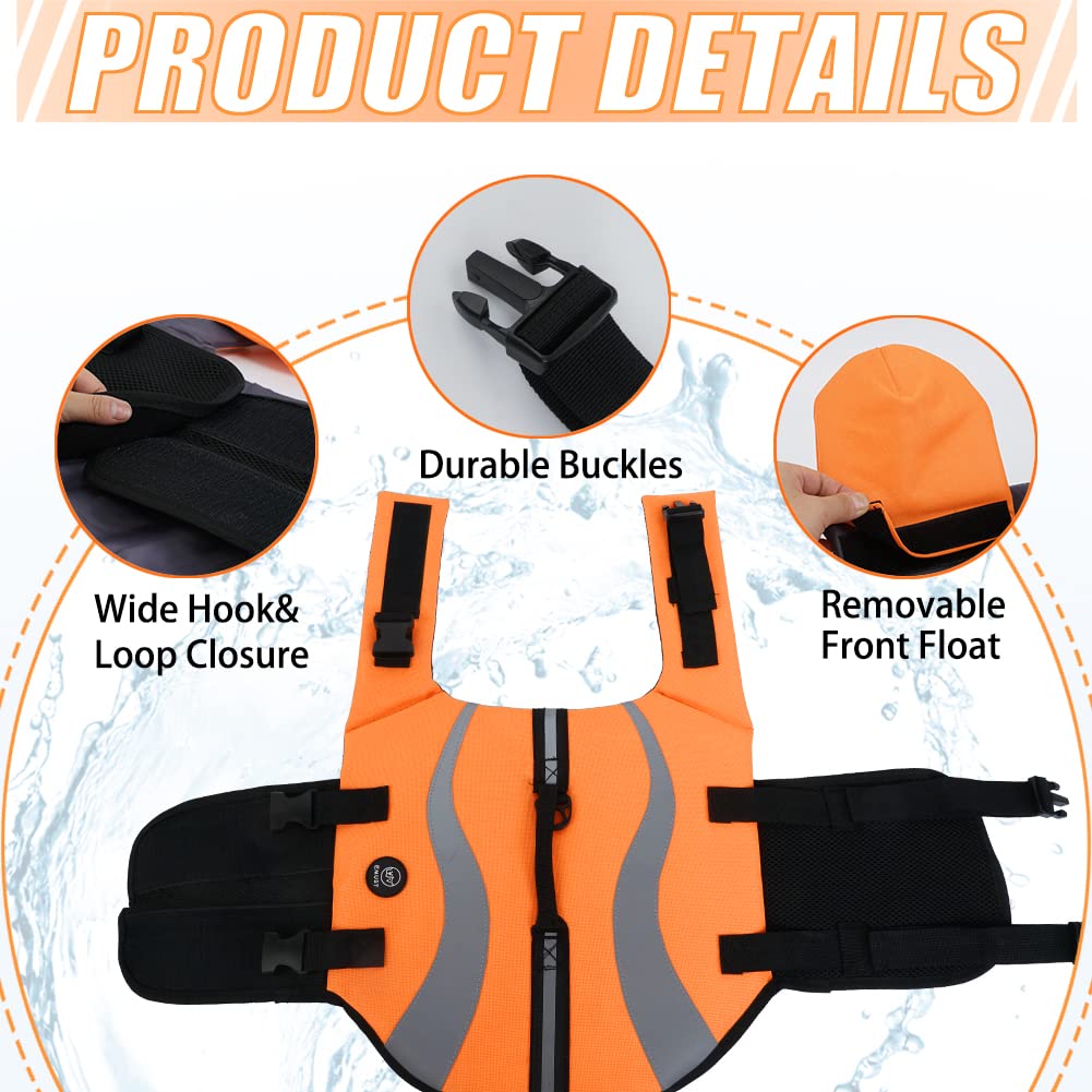 Emust Adjustable Dog Life Jackets For Boat With Front Float, High Visibility Safety Swimsuit, Medium, Orange