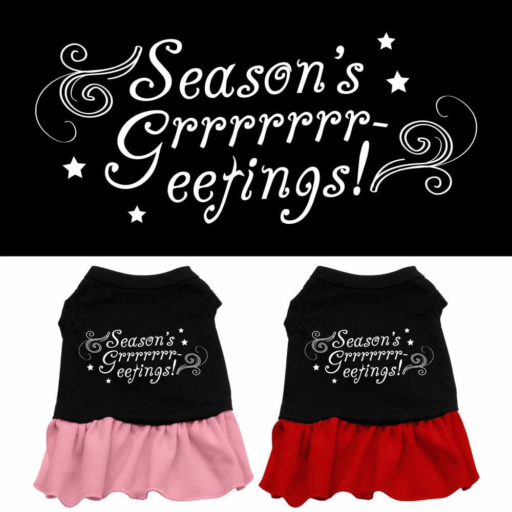Christmas Pet Dog & Cat Dress Screen Printed, Season's Greetings Black W/Light Pink SM (3-6 lbs.)