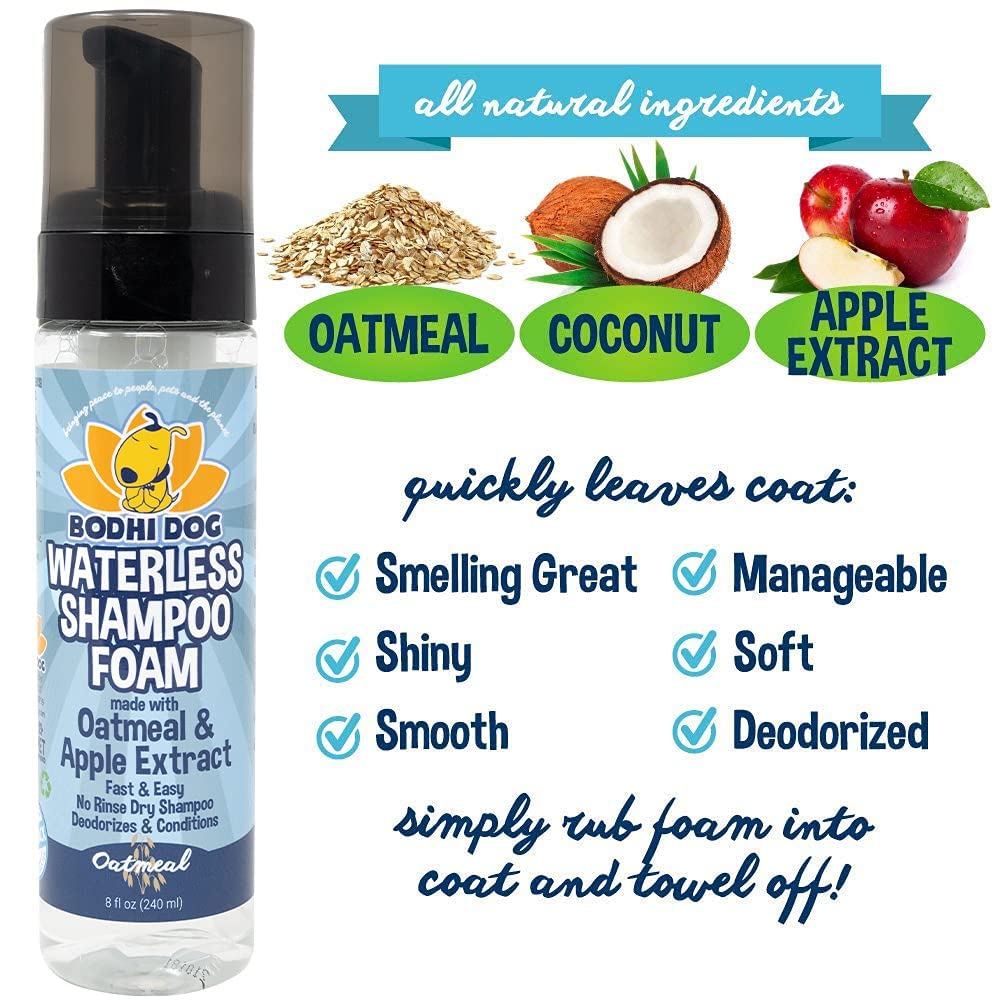 Bodhi Dog Waterless Foaming Shampoo | Natural Pet Shampoo For Dogs & Cats | Waterless Dry Shampoo For Bathless Cleaning | No Rinse Required | Made In Usa (Oatmeal, 8Oz)
