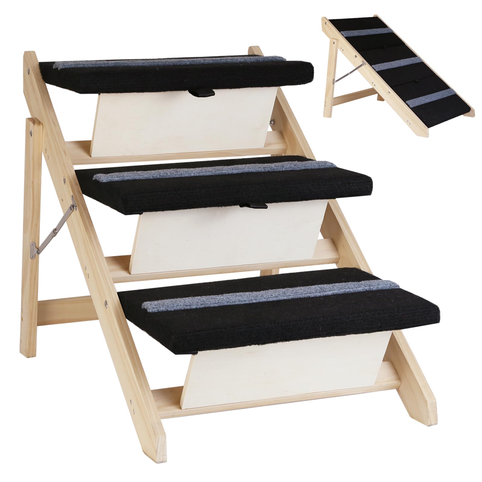 2-in-1 Indoor Pet Ramp, Wooden Folding 3-Tier Pet Stairs with Non-Slip Carpeted Steps, Ramp Perfect for Bed and Couch