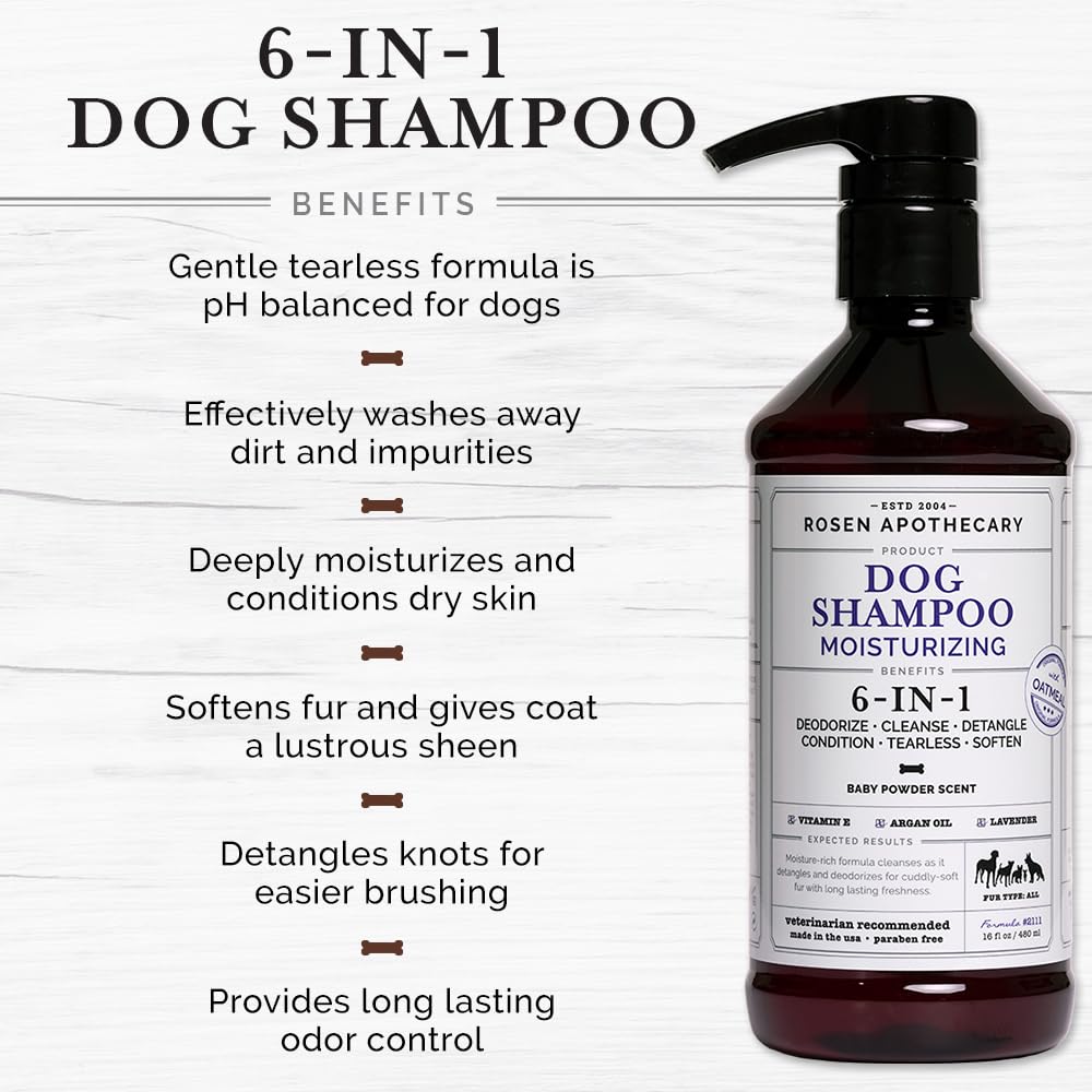 Rosen Apothecary 6-In-1 Moisturizing Dog Shampoo, Made With Naturally Derived Ingredients To Cleanse, Soothe, Deodorize, And Soften The Skin And Coat 480Ml