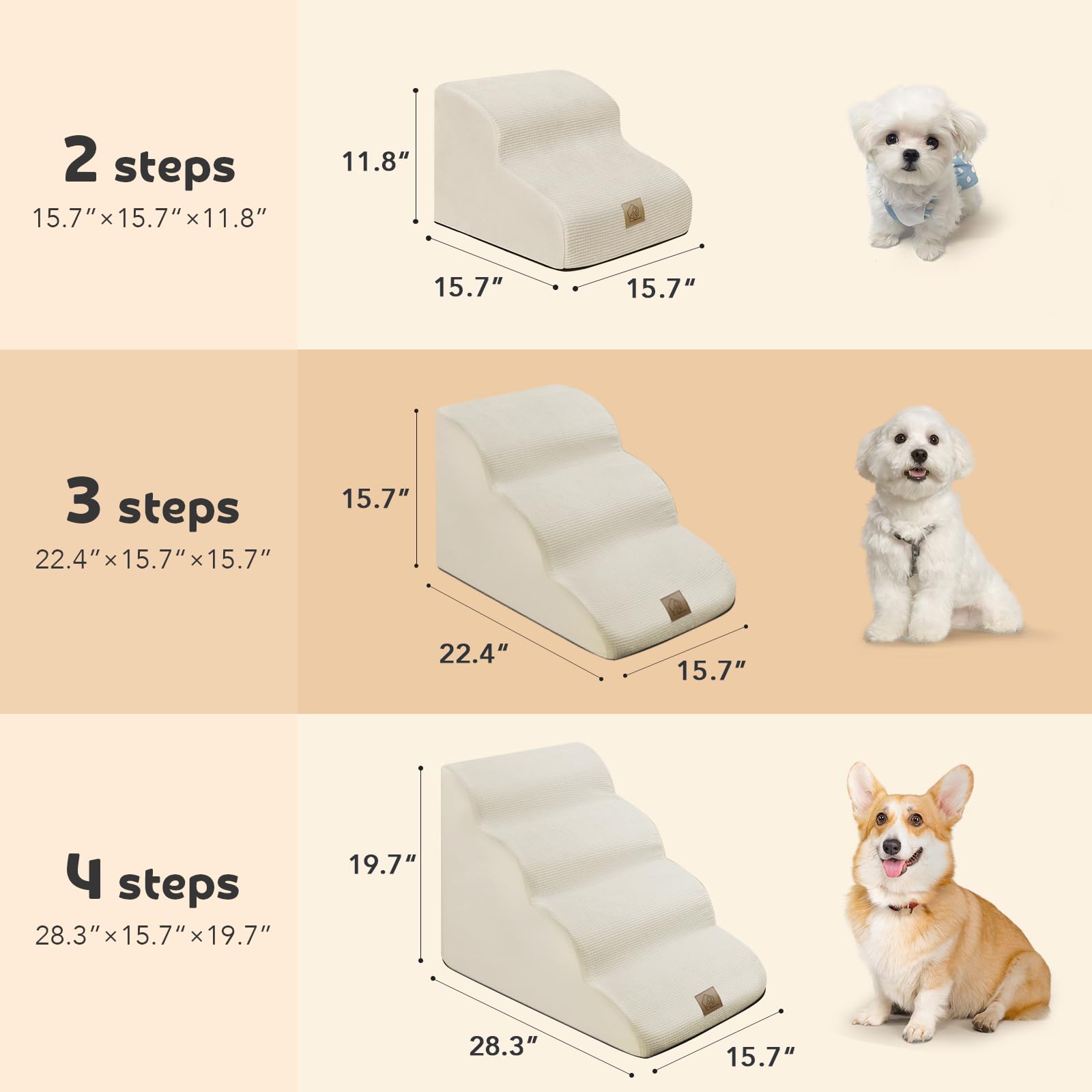 3-Tiers Foam Dog Stairs For Indoor High Sofa Bed Couch,Gentle Slope Steps Stairs For Indoor,Dog Stairs Ladder Ramp Non Slip For Old Small Dogs Easy Access,Send 3 Pcs Lint Roller Set,Beige