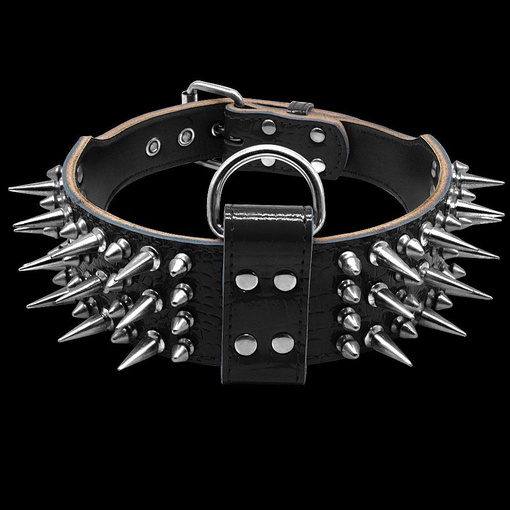 Pet Artist 2' Wide Luxury Sharp Spiked Dog Collar, Durable Anti-Biting Leather Dog Collar For Large Dogs, Black, Xl, Neck For 21-24'