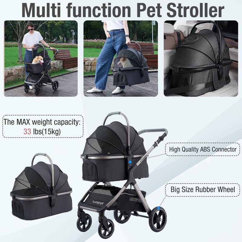 Tumitpet Pet Stroller For Small Medium Dogs, Cat Carriage Travel System Four Wheel Dog Stroller With Carrier, Zipperless Entry/C