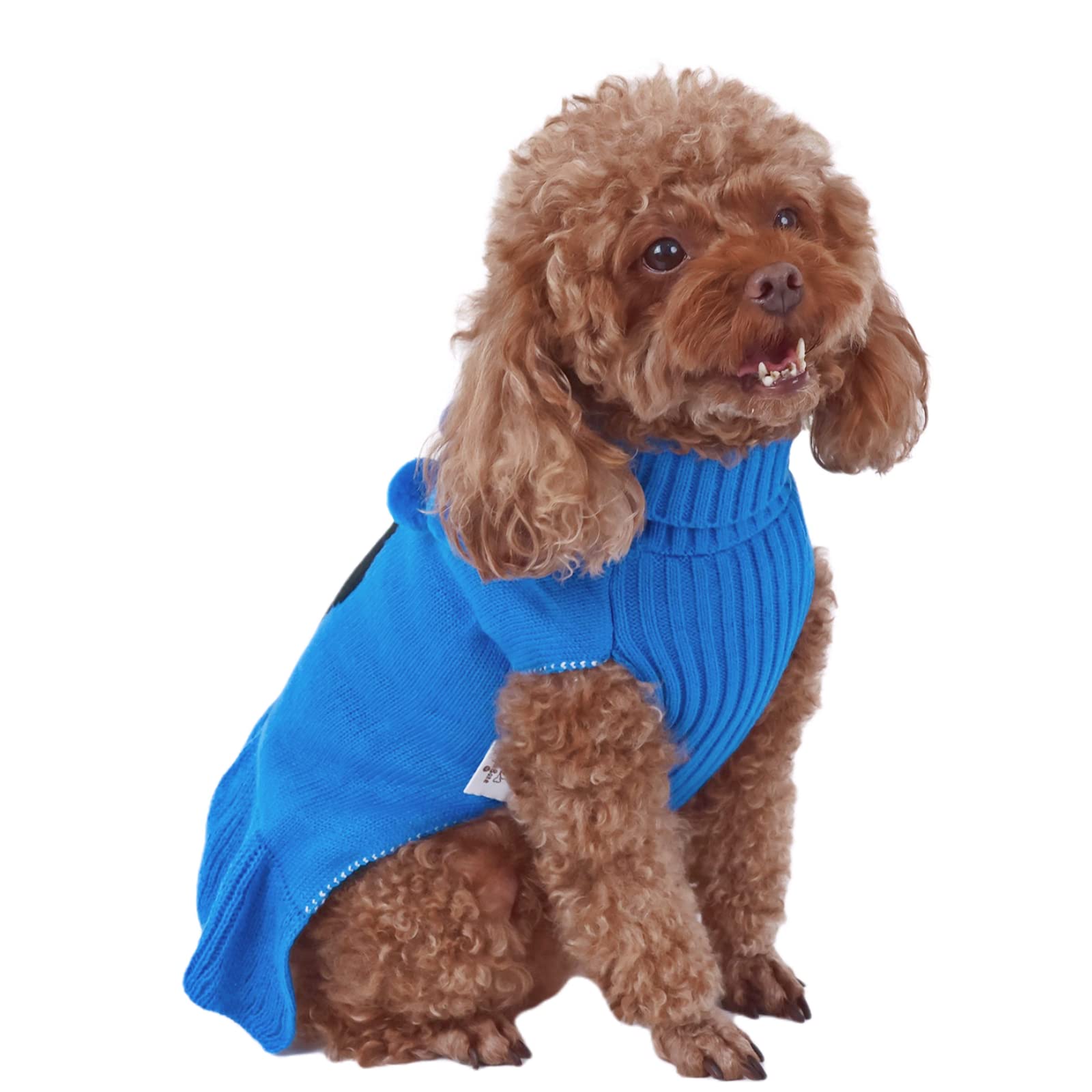 Cutebone Blue Dog Sweater Dress Penguin Pattern Knit Turtleneck Puppy Sweater With Craft Pom Pom Ball Pullover Ruffle Dress For