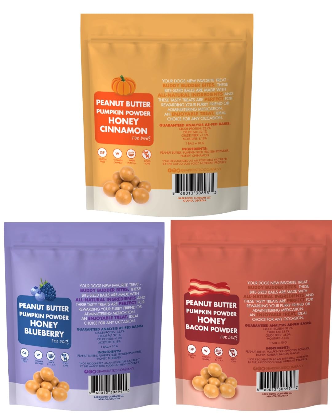 BUDDY BUDDER 3pk Bites, Natural Peanut Butter Dog Treats (Pumpkin, Bacon, & Berry Flavor), Soft Peanut Butter Ball Treat or Use