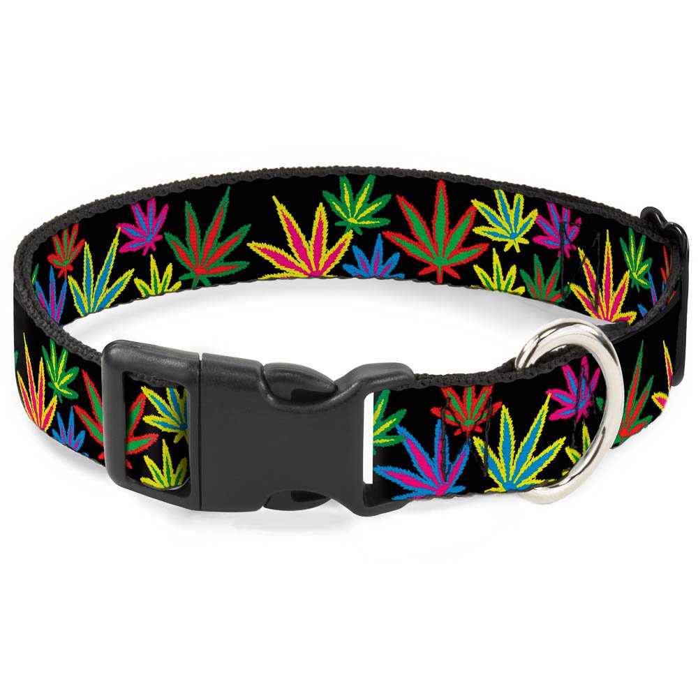 Buckle-Down Plastic Clip Collar - Multi Marijuana Leaves Black/Multi Color - 1/2' Wide - Fits 9-15' Neck - Large