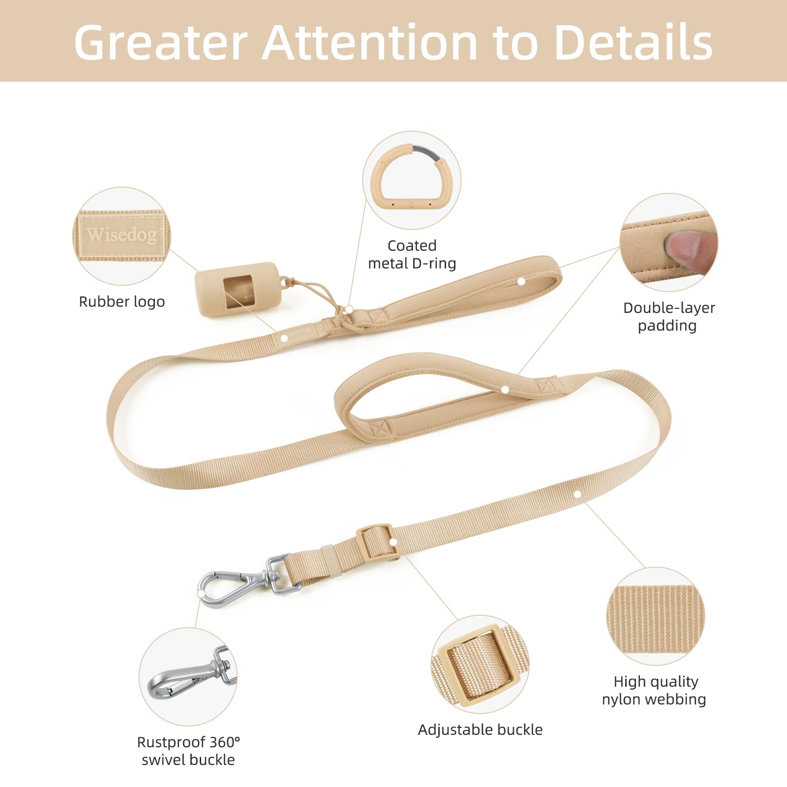 Wisedog Durable Two Handle Dog Leash: Dog Leash Heavy Duty With Dual Soft Padded Handles, Adjustable Length As Short Leash For M