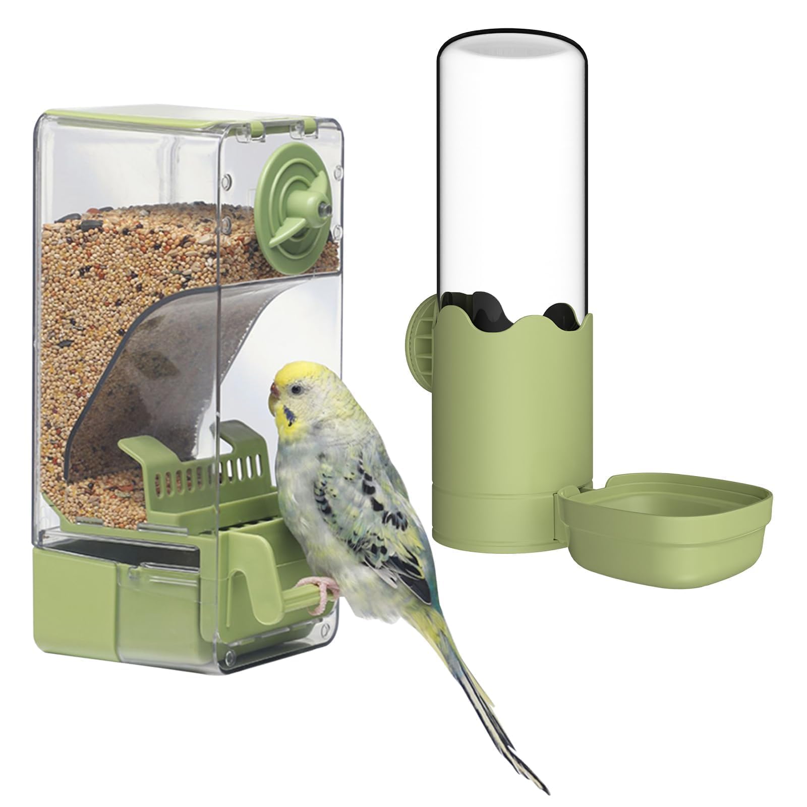 Bird Feeder Water Dispenser Set, Automatic Cage Feeder with Perch for Seed Parakeet Canary Cockatiel Finch Budgies Cage Accessor