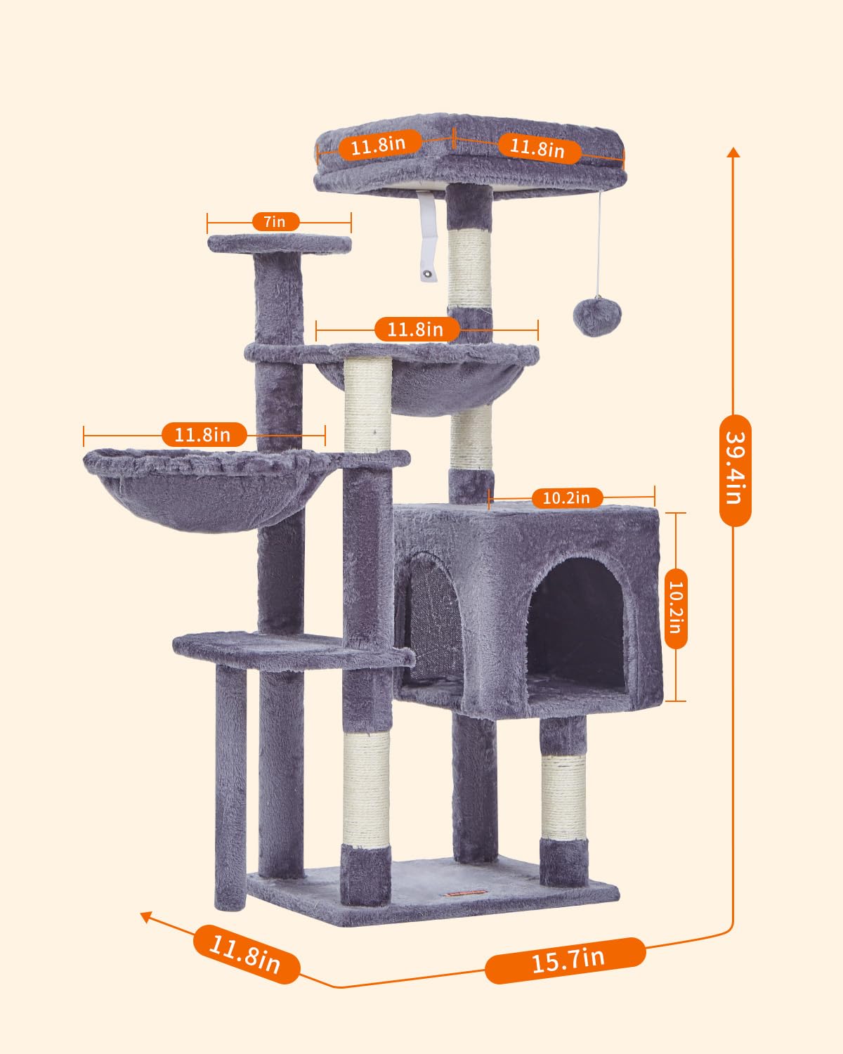 Taoqimiao Cat Tree, 39.4-Inch Cat Tower For Kittens, Cat Tree Tower With 5 Scratching Posts, Plush Cat Condo With Plush Perch, 2