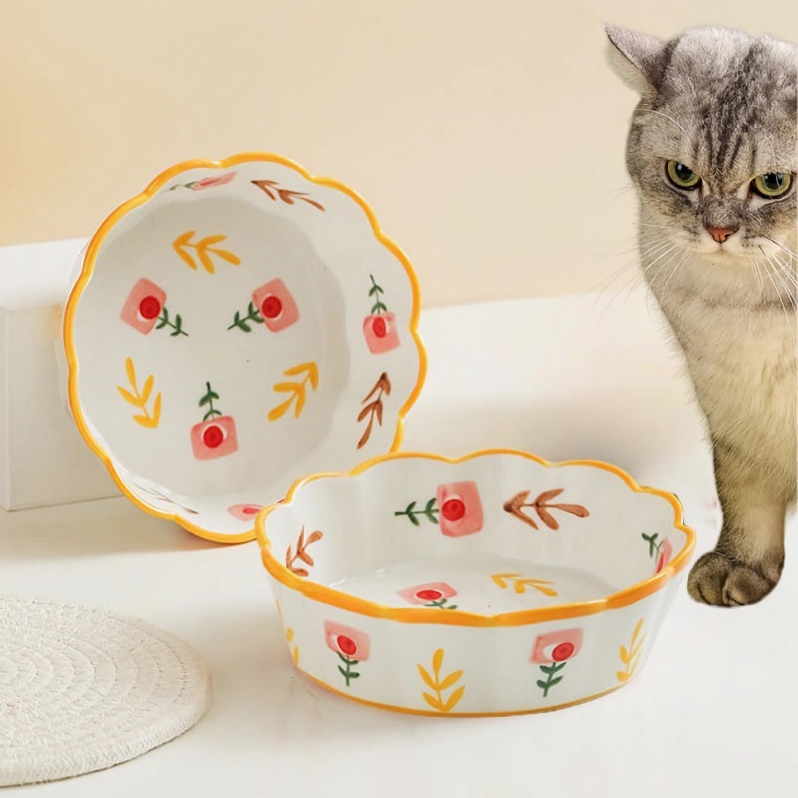 Premium Cat Food Bowl Set of 2, 6 Ceramic Cat Water Bowl, Cute Cats Bowls for Indoor Cats, Shallow Weighted Kitten Dishes for We