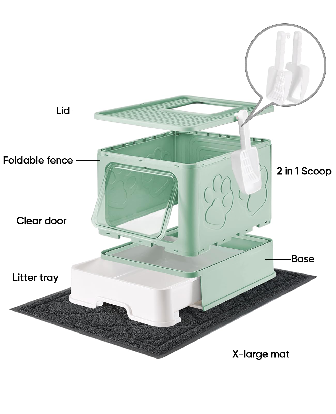 Medario Cat Litter Box With X-Large Litter Mat And Scoop, Large Foldable Litter Box With Lid, Enclosed Kitty Box,Front Top Entry