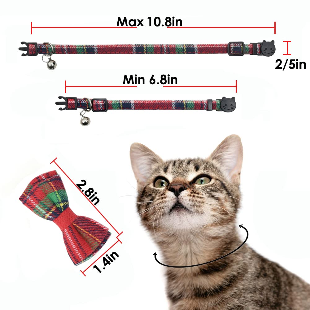 Cat Collar Breakaway With Bell And Bow Tie, Plaid Design Adjustable Safety Kitty Kitten Collars(6.8-10.8In)(Christmas Red&Green)