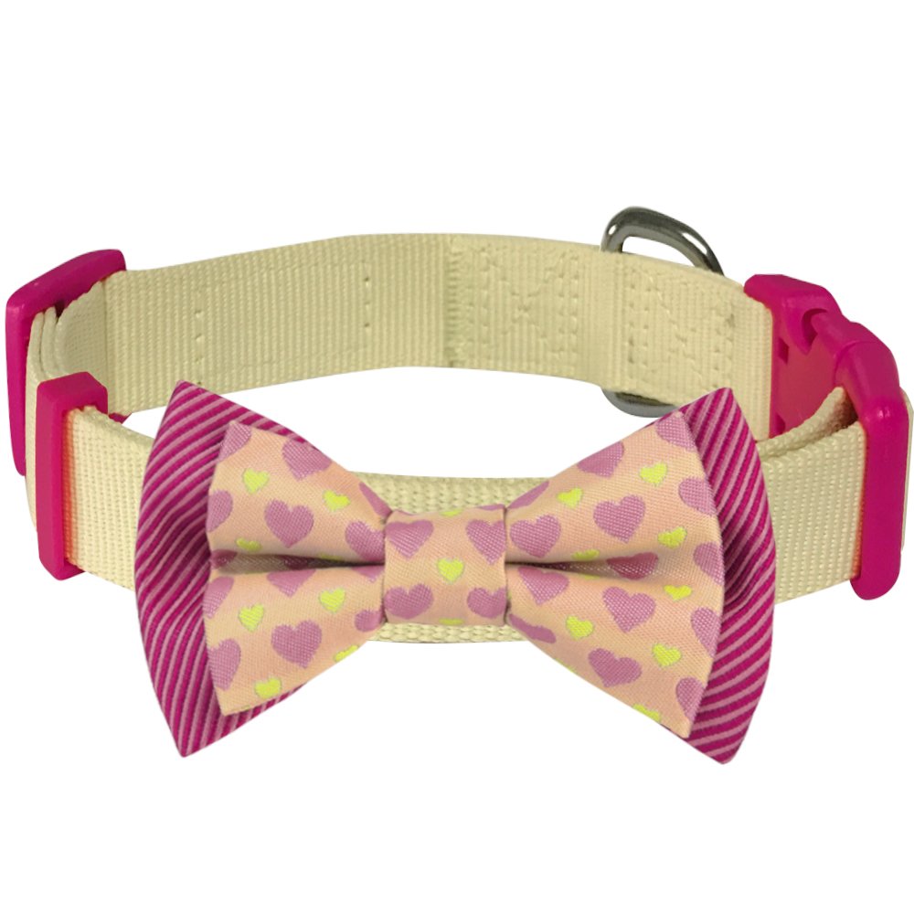 Blueberry Pet 4 Patterns Heart And Stripe Handmade Detachable Bow Tie Adjustable Dog Collar In Fresh Cream, Small, Neck 12'-16'