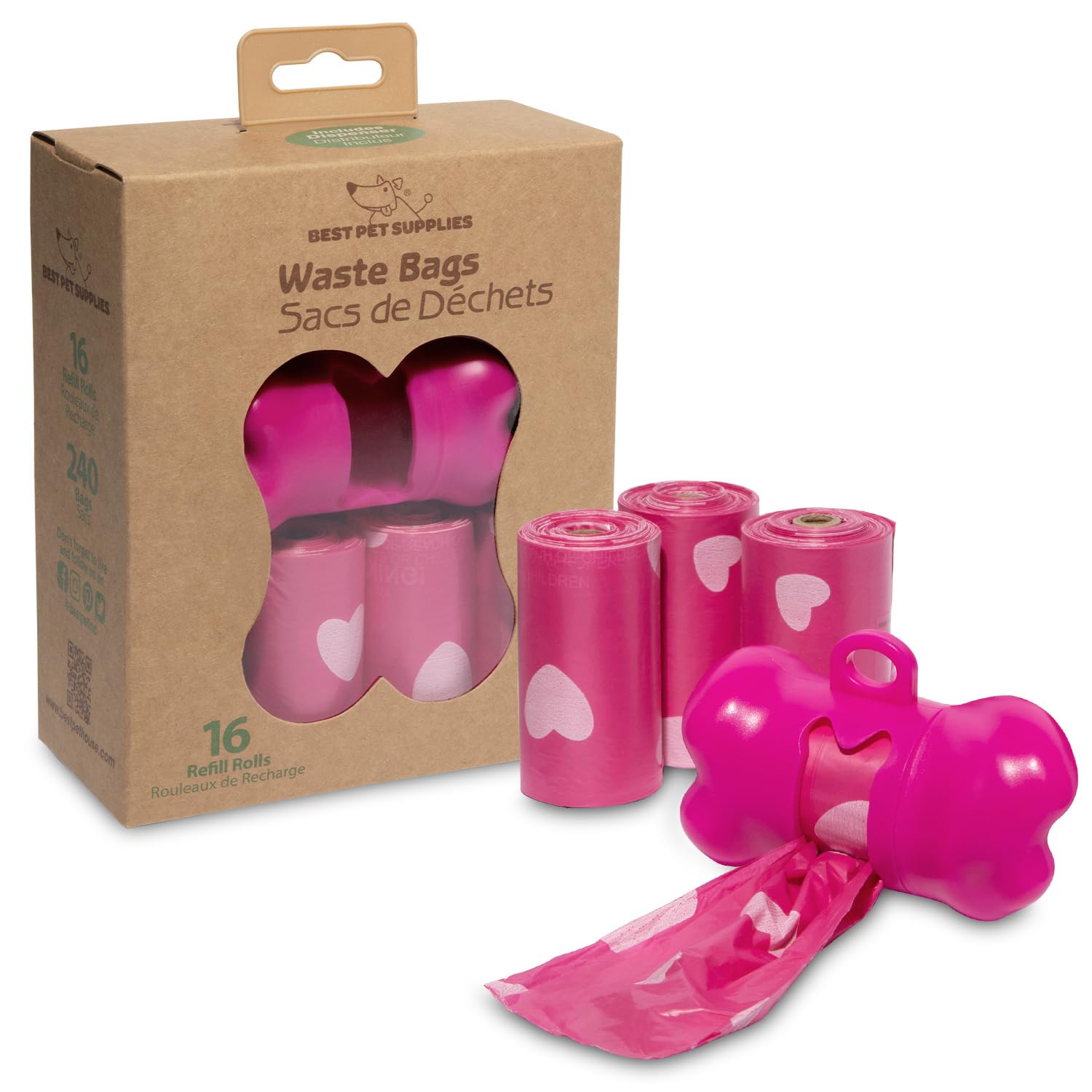 Best Pet Supplies Dog Poop Bags For Waste Refuse Cleanup, Doggy Roll Replacements For Outdoor Puppy Walking And Travel, Leak Proof And Tear Resistant, Thick Plastic - Pink Heart, 240 Bags