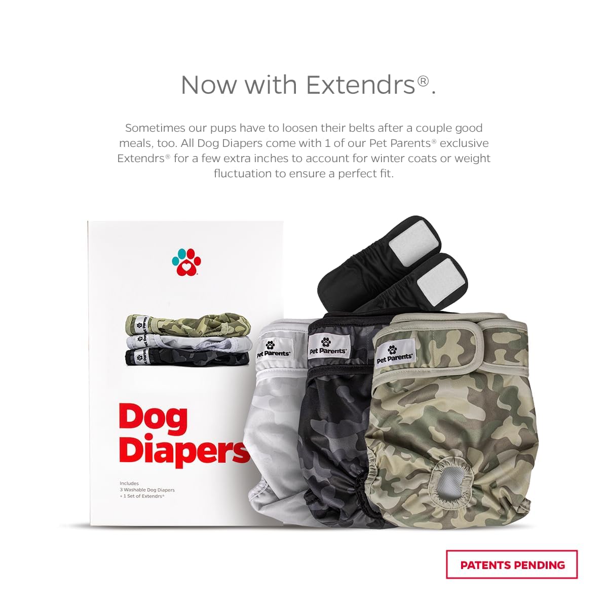 Pet Parents Washable Dog Diapers (3Pack) + Extendrs Of Durable Doggie Diapers, Premium Dog Diapers Female & Male (X-Small, Camo)